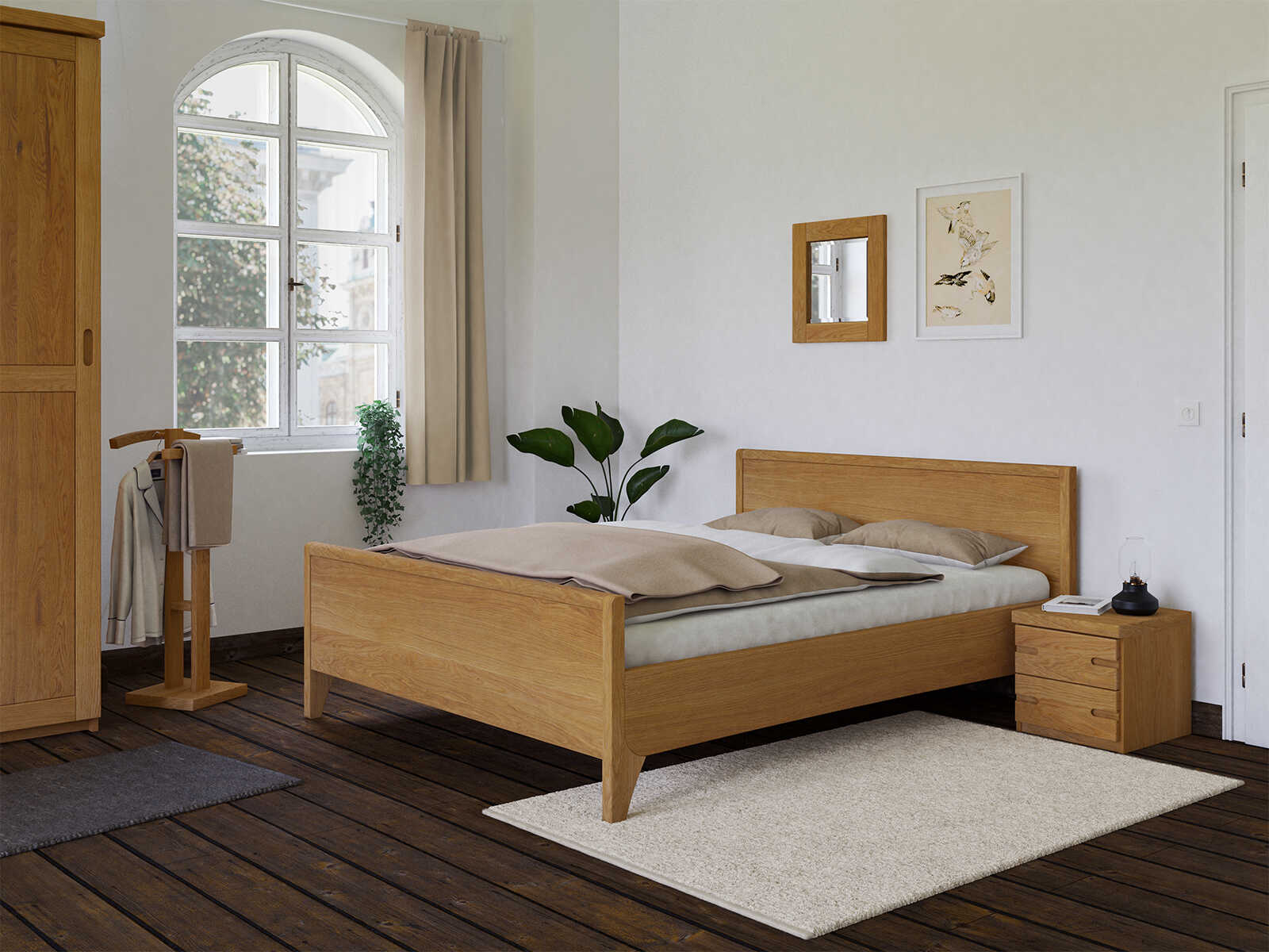 Schlafzimmer mit Eichenbett „Katja“ in 160 x 200 cm mit erhöhtem Fußteil
