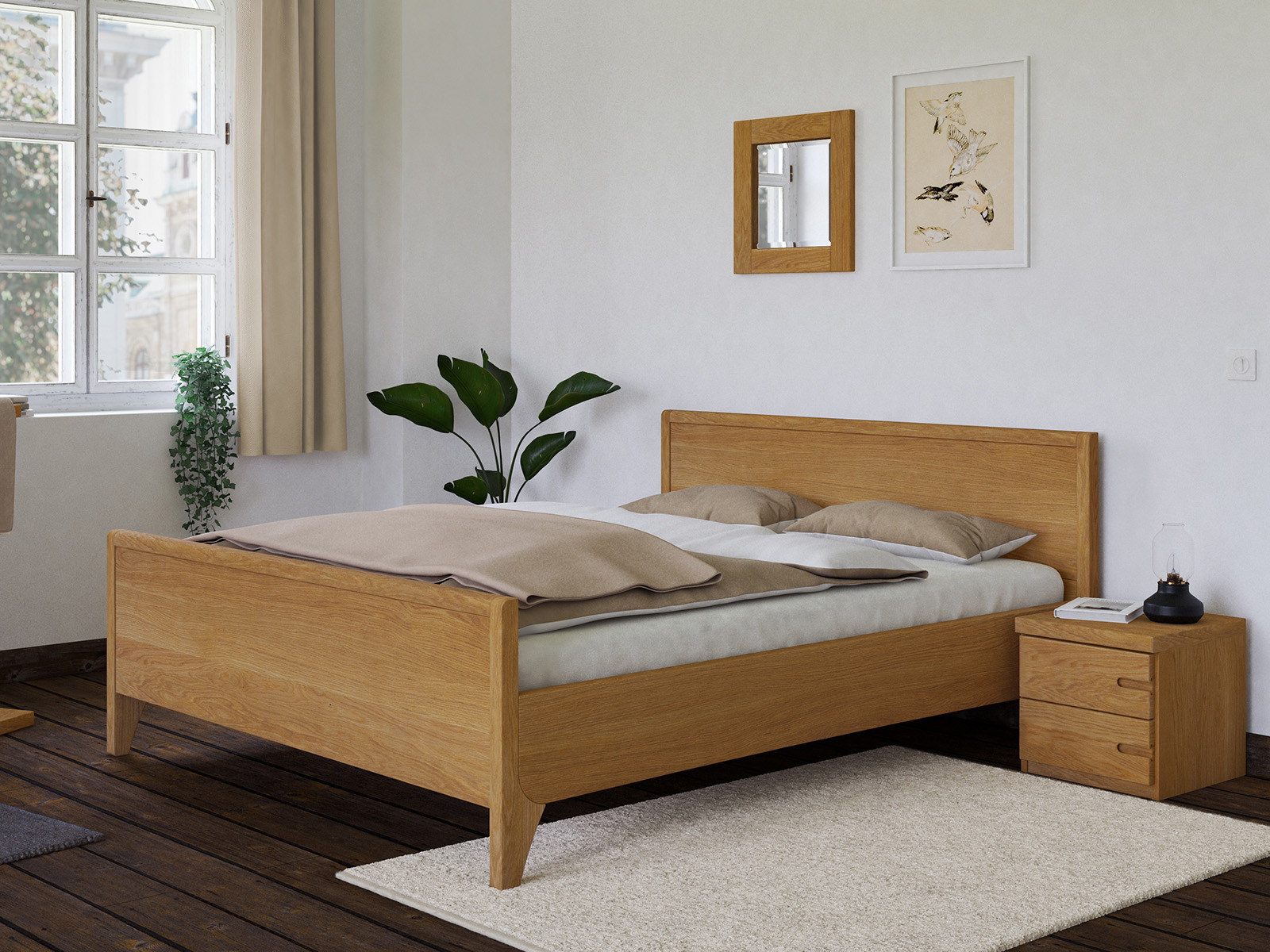 Schlafzimmer mit Nachttisch „Stefan“ aus Massivholz, Griff rechts