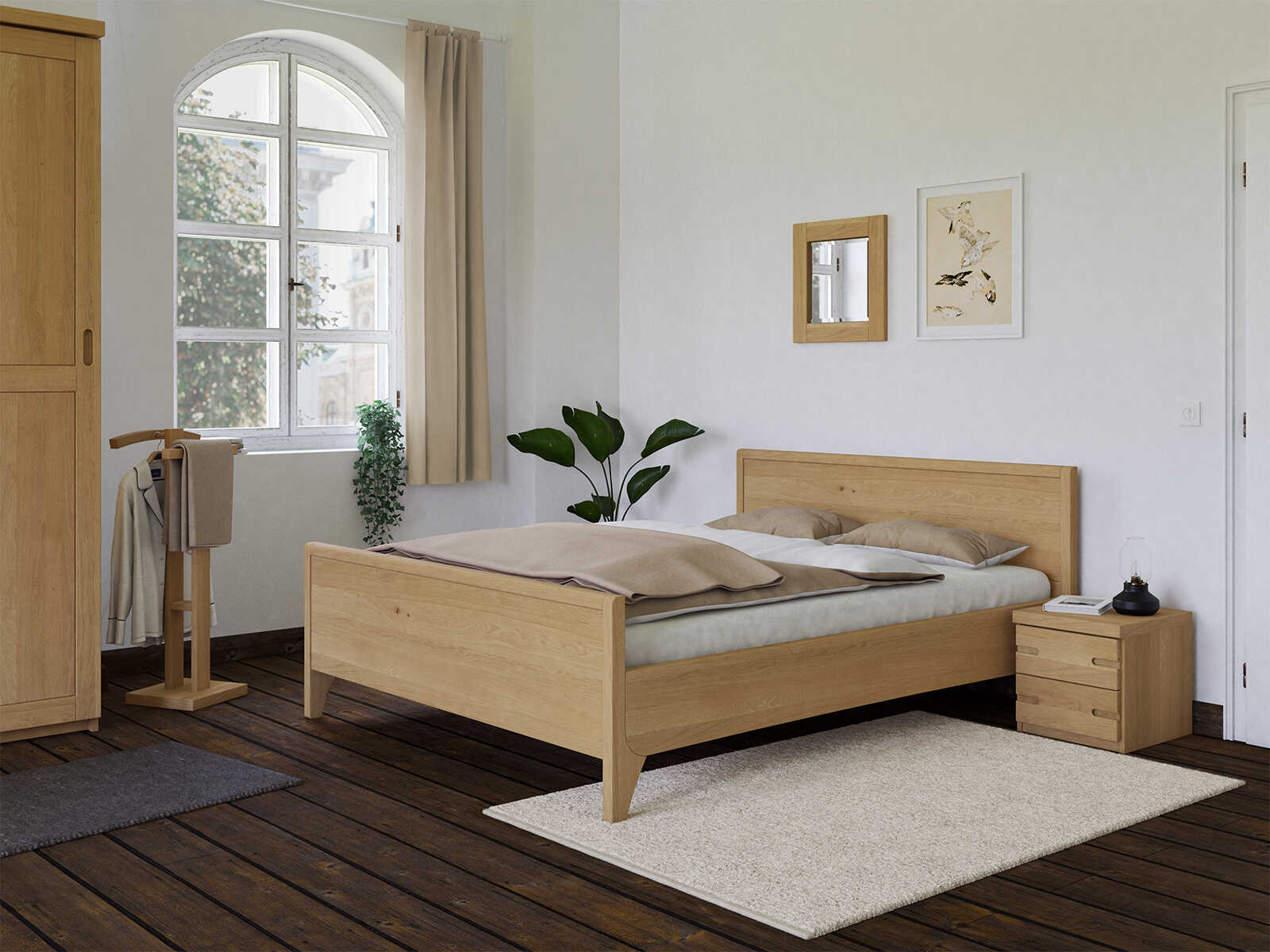 Schlafzimmer mit Eichenbett Hell „Katja“ in 160 x 200 cm mit erhöhtem Fußteil