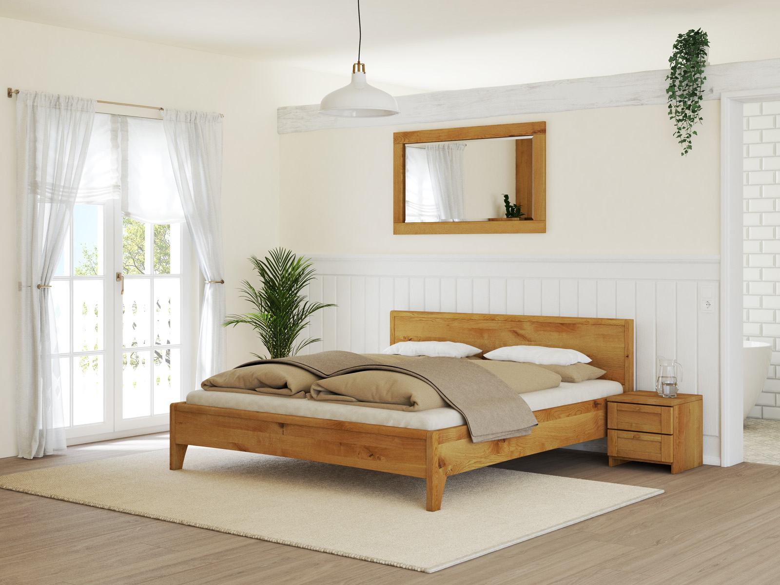 Schlafzimmer mit Wildeichenbett „Katja“ in 180 x 200 cm, ohne erhöhtem Fußteil