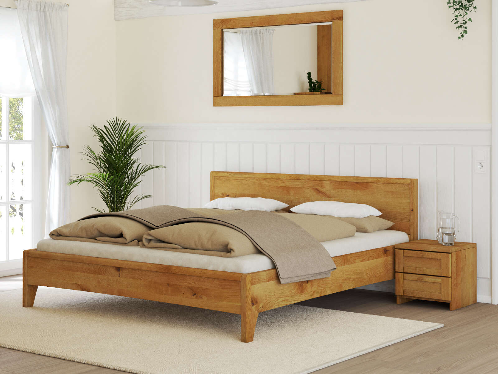 Schlafzimmer mit Nachtkästchen „Gerti“ aus Wildeiche mit zwei Schubladen, in Standardhöhe