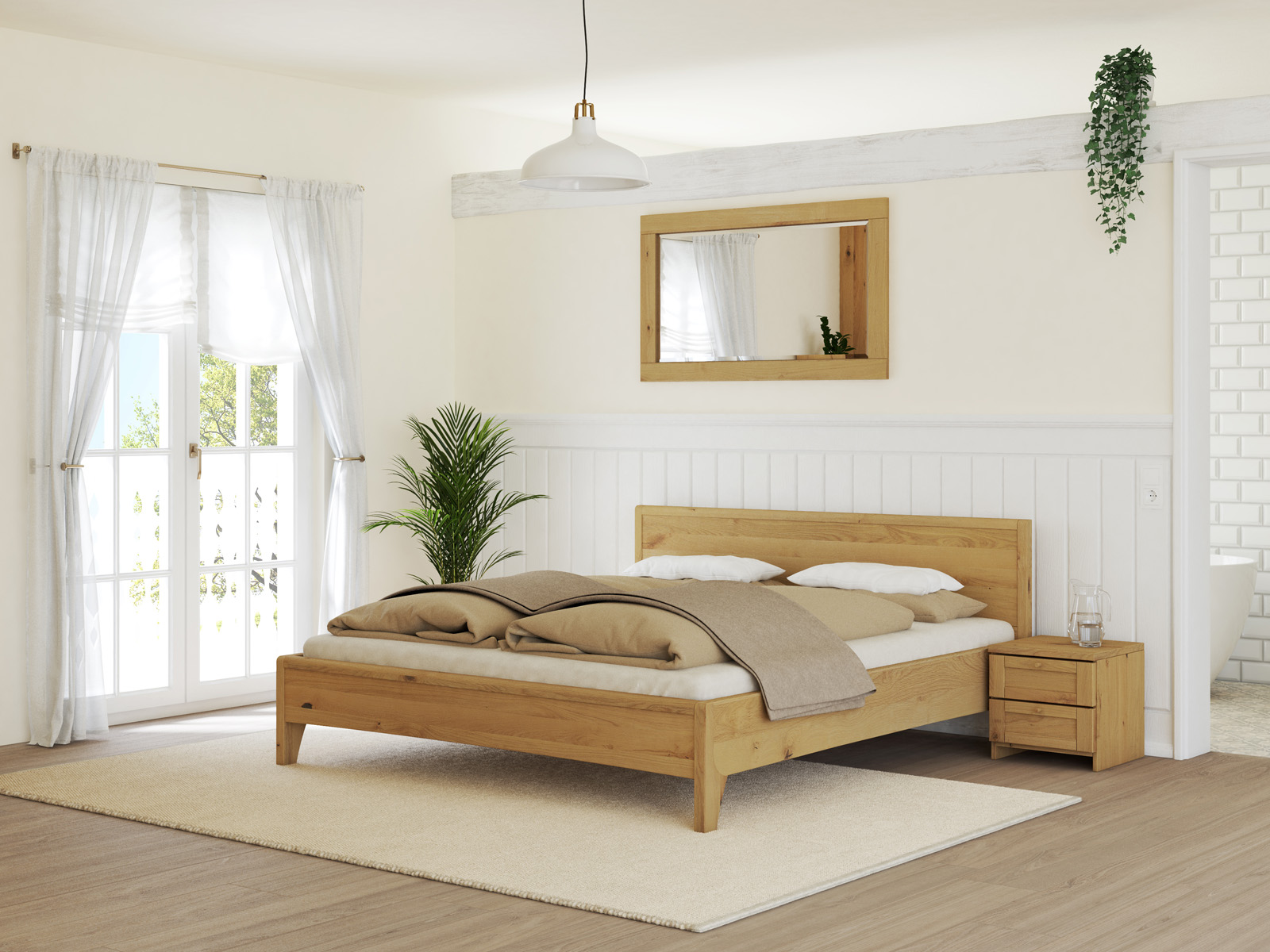 Schlafzimmer mit Wildeichenbett Hell „Katja“ in 180 x 200 cm, ohne erhöhtem Fußteil