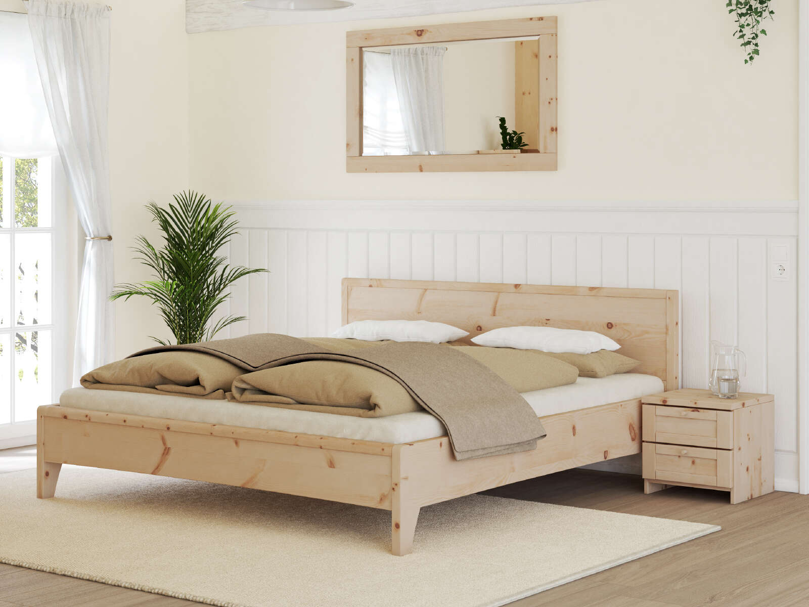 Schlafzimmer mit Nachtkästchen „Gerti“ aus Zirbe mit zwei Schubladen, in Standardhöhe