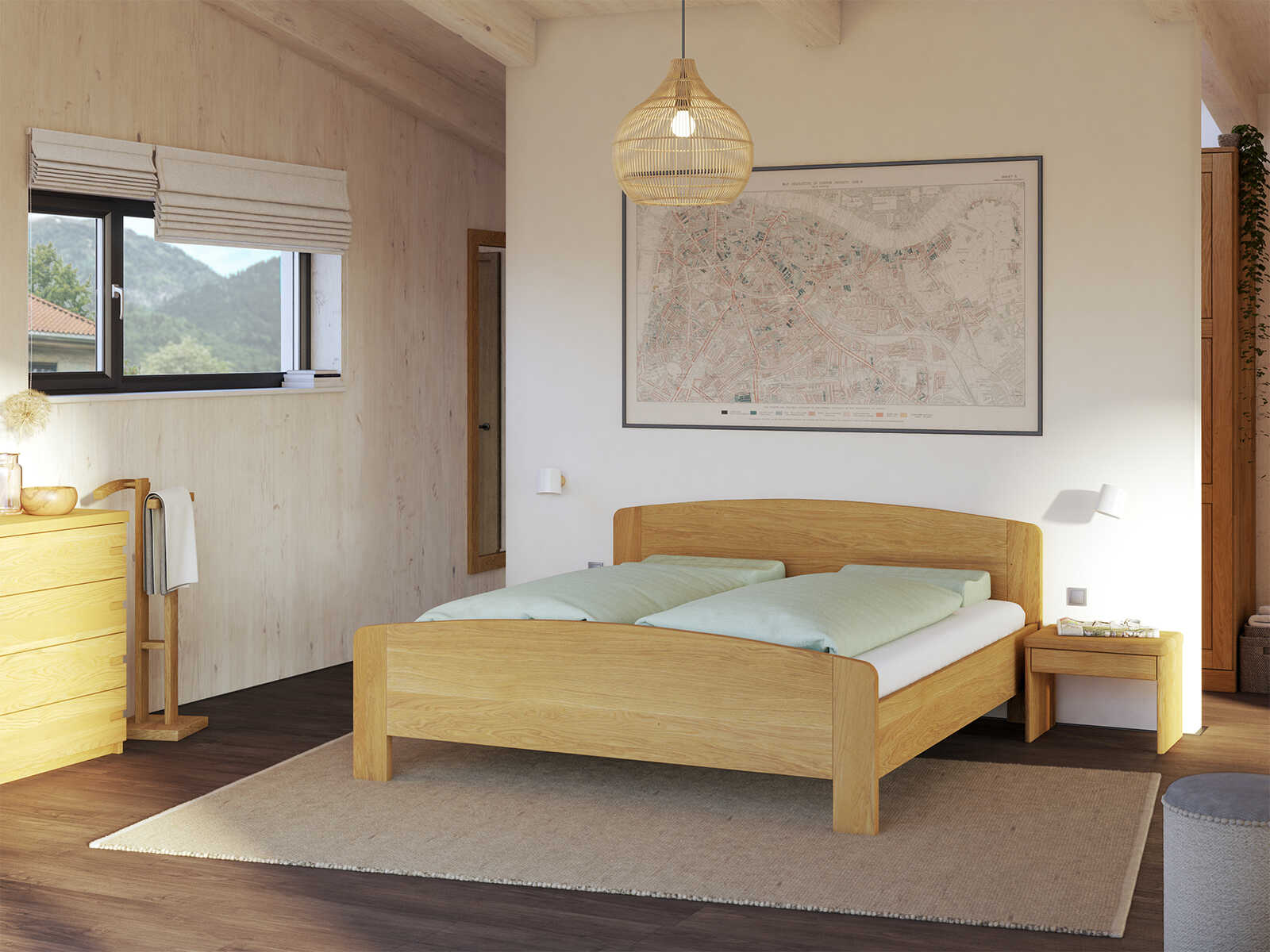 Schlafzimmer mit Bett „Kerstin“ aus Eiche in 180 x 200 cm, mit niedrigem runden Fußteil und ohne Gravur