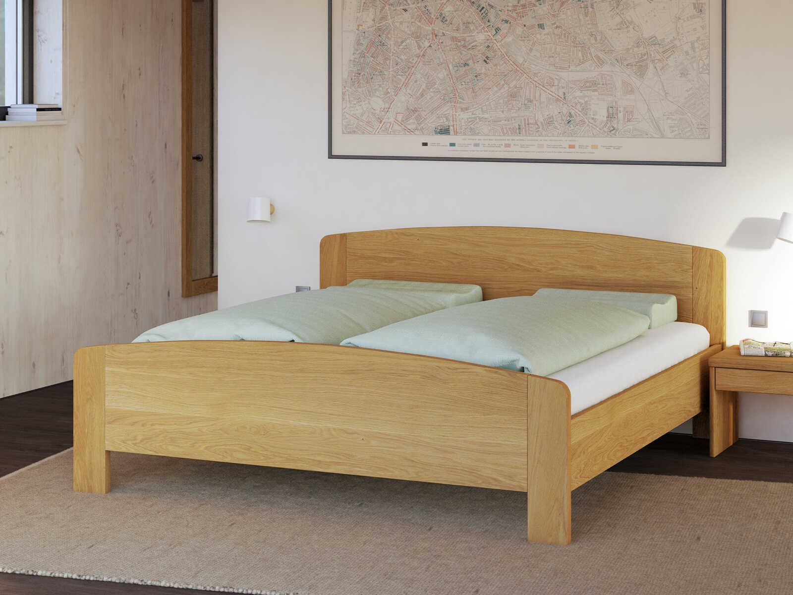 Bett „Kerstin“ aus Massivholz in 180 x 200 cm, mit niedrigem runden Fußteil und ohne Gravur