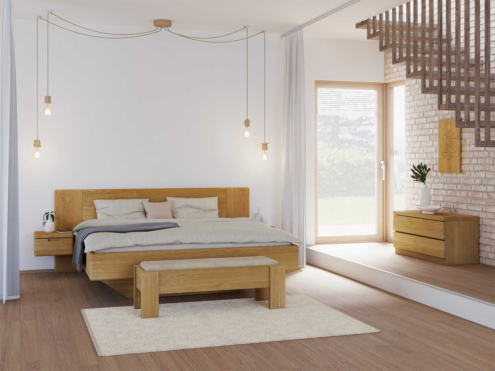 Schlafzimmer mit Massivholzbank „Manfred“ mit Leinen-Viskose von „Höpke“ in der Farbe Natur