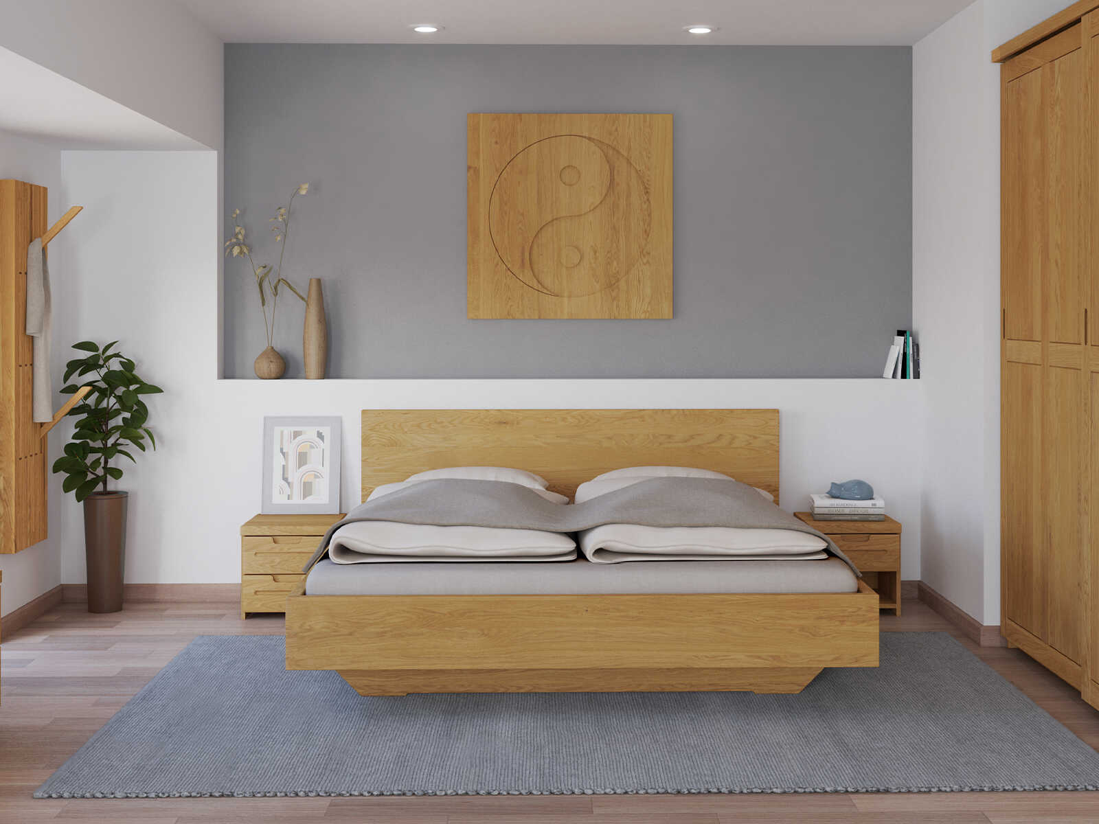Schlafzimmer mit Wandbild „Yin Yang“ aus Massivholz in 95 x 95 cm