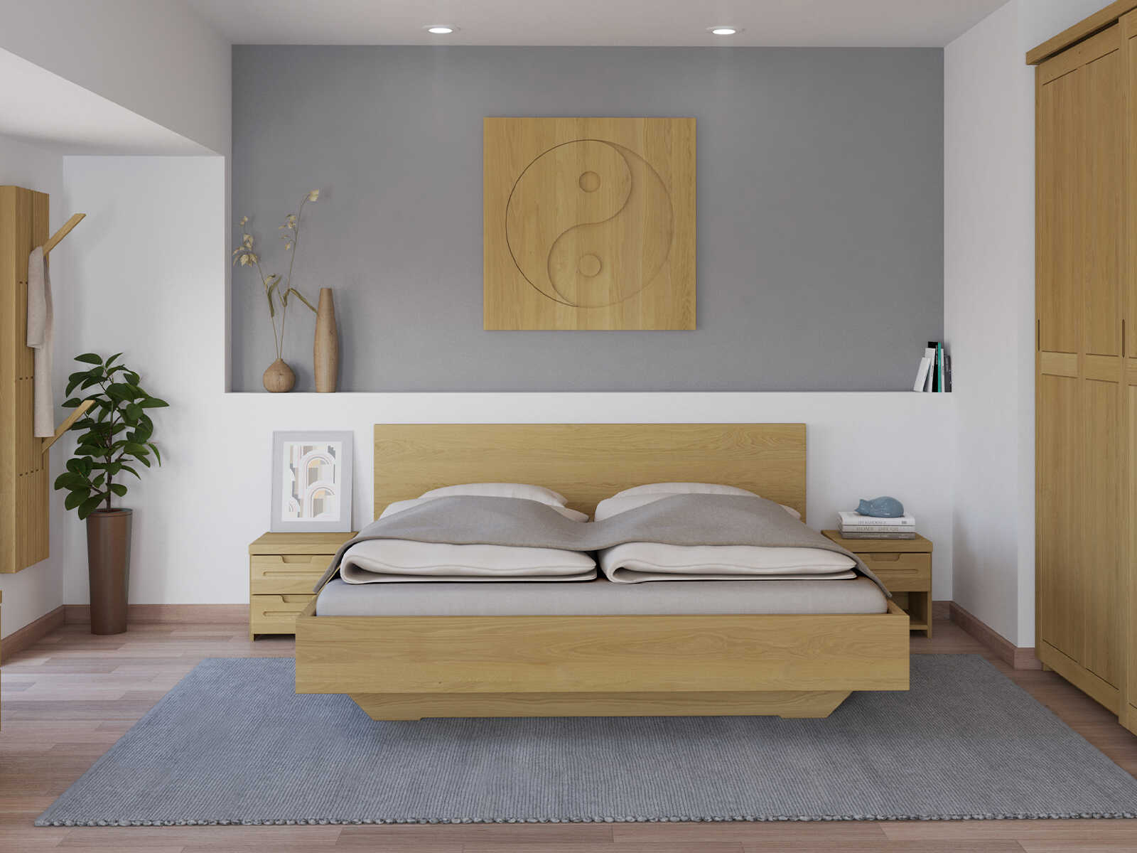 Schlafzimmer mit Wandbild „Yin Yang“ aus Eiche Hell in 95 x 95 cm
