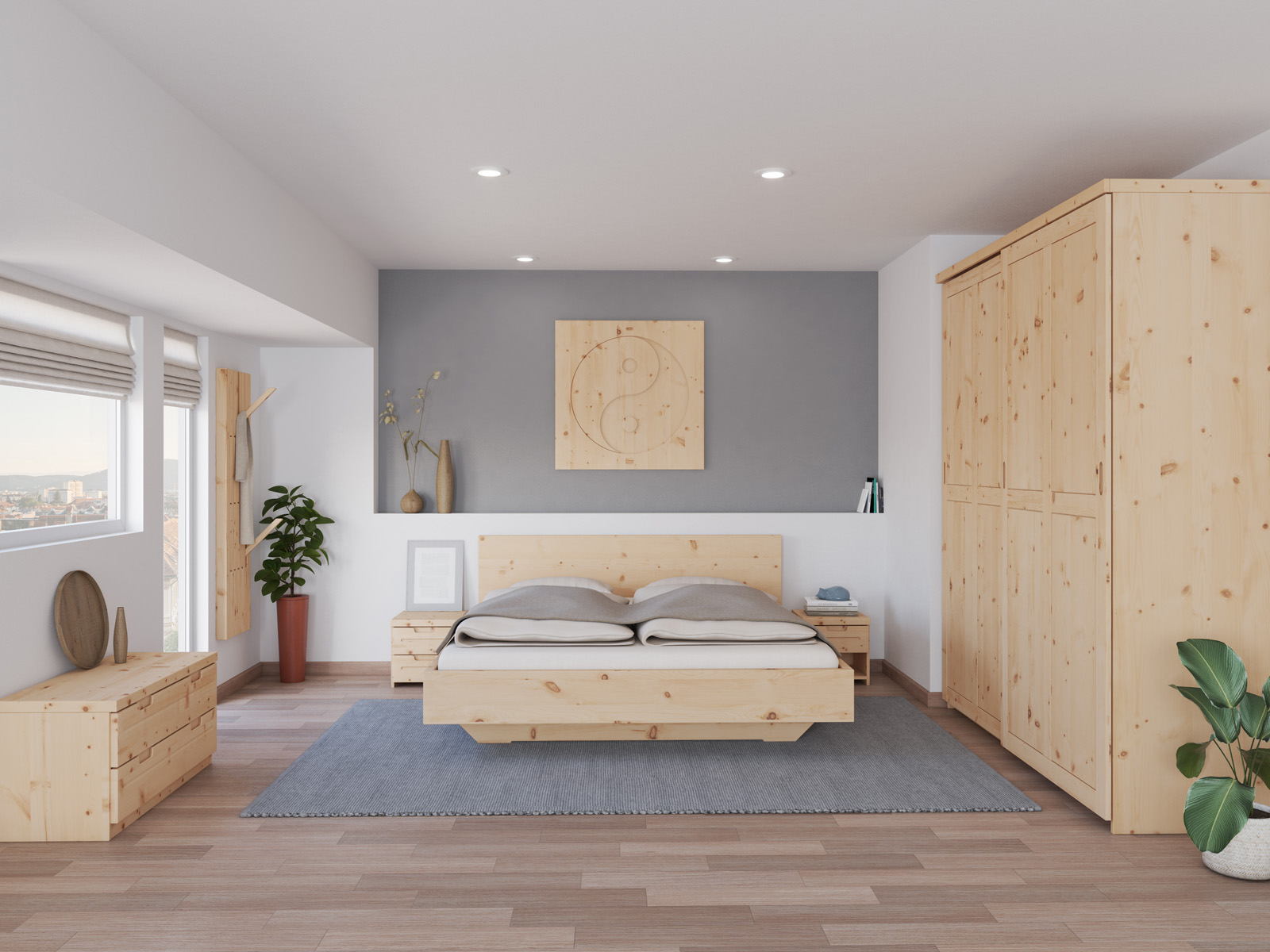Schlafzimmer mit Zirbenbett „Lukas“ in 180 x 200 cm