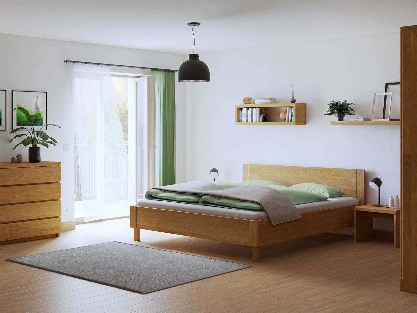 Schlafzimmer mit Bett „Max“ aus Eiche in 180 x 200 cm mit geradem Kopfteil