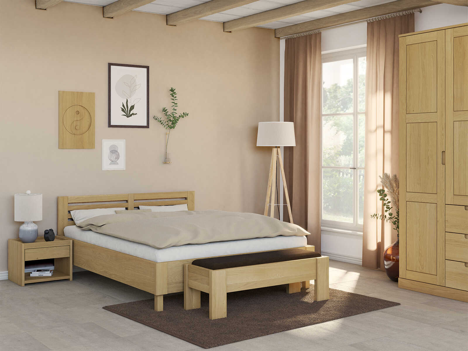 Schlafzimmer mit Eichenbett Hell „Moritz“ in 180 x 200 cm