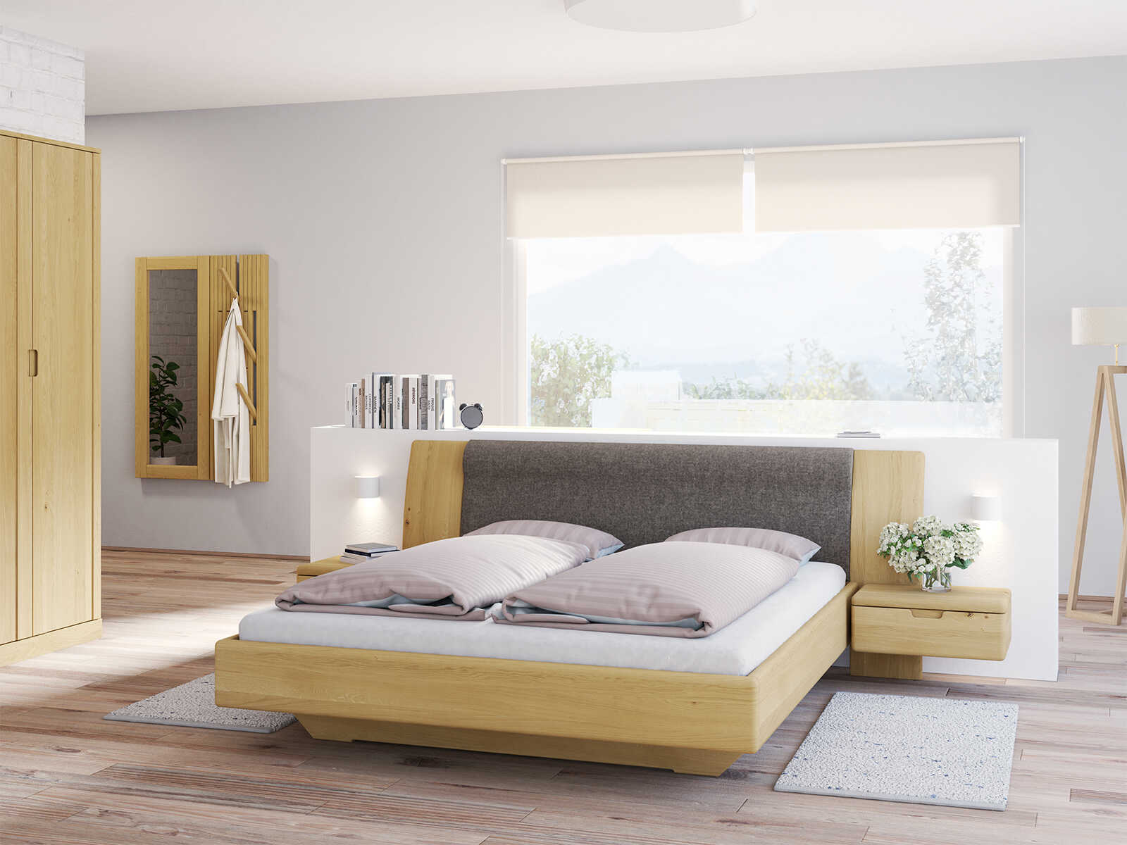 Schlafzimmer mit Eichenbett Hell „Nadine“ in 180 x 200 cm, mit zwei Nachttischen (60 cm breit) und Polsterstoffkopfteil - Stoff: Leinen / Viskose von „Höpke“ in der Farbe Grau