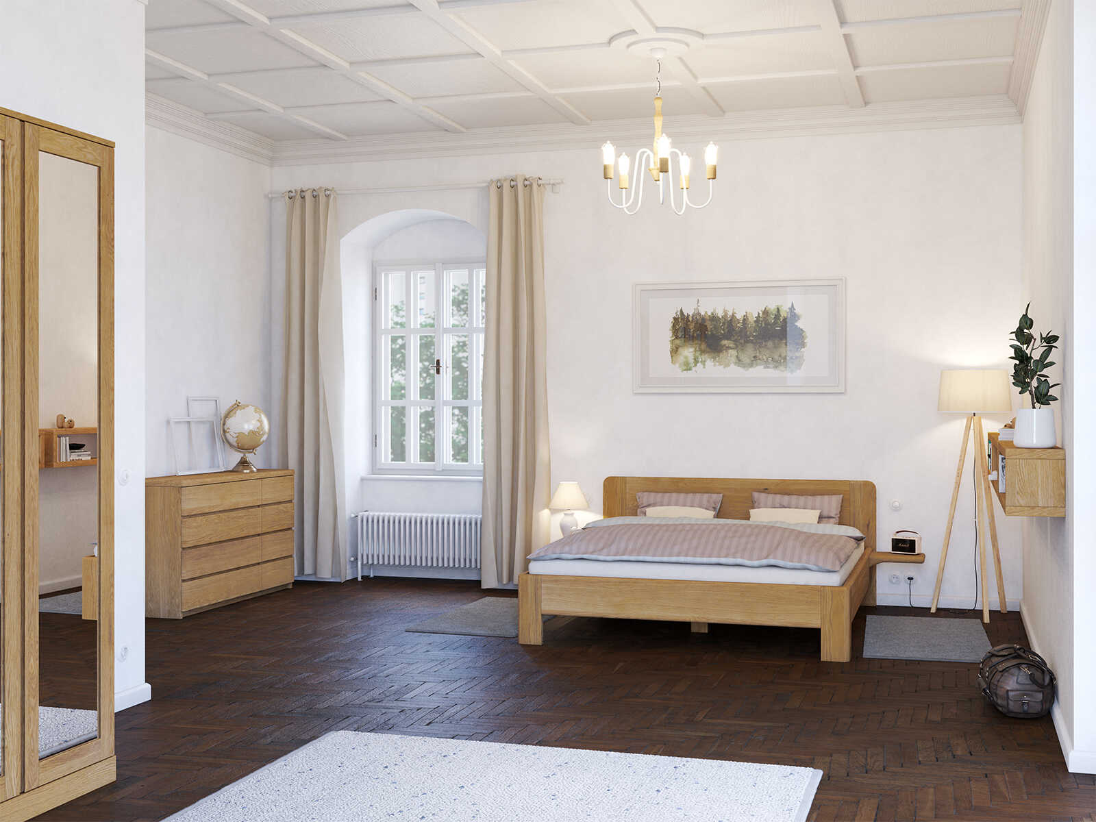 Schlafzimmer mit Massivholzkommode „Niklas“ 150 cm mit großen Schubladen auf der linken Seite, kleine rechts