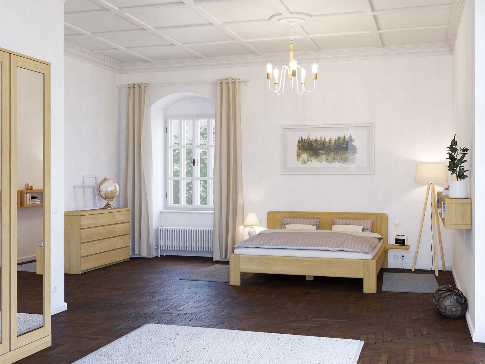 Schlafzimmer mit Eichenkommode Hell „Niklas“ 150 cm mit großen Schubladen auf der linken Seite, kleine rechts
