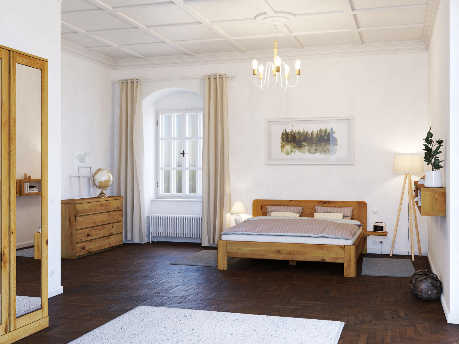 Schlafzimmer mit Wildeichenbett „Niklas“ in 180 x 200 cm, mit zwei Ablagen