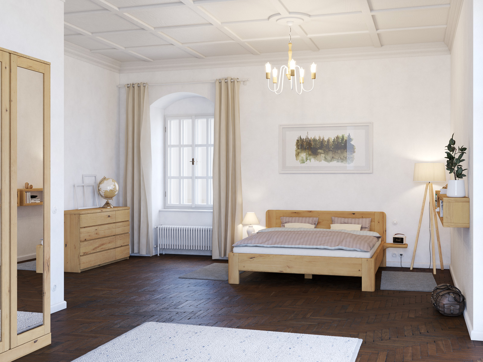 Schlafzimmer mit Wildeichenbett Hell „Niklas“ in 180 x 200 cm, mit zwei Ablagen