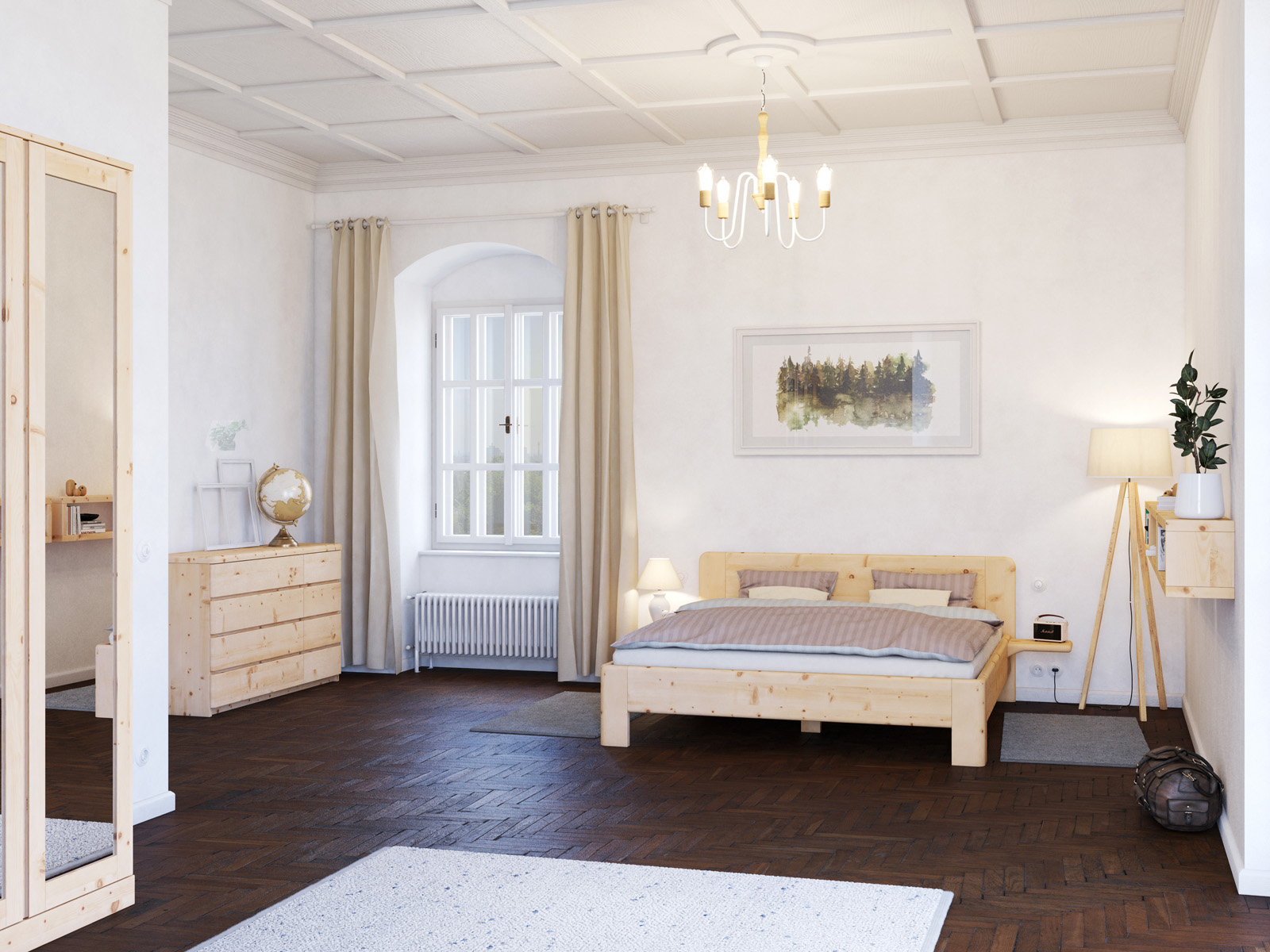 Schlafzimmer mit Zirbenkommode „Niklas“ 150 cm, breite Schubladen links