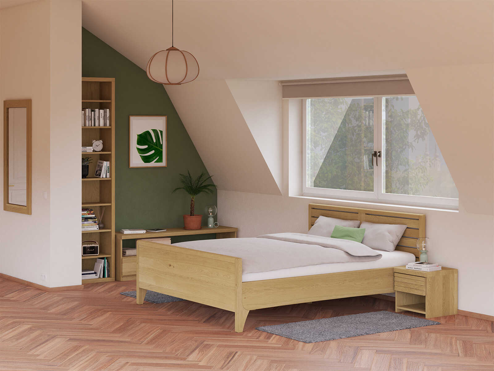 Schlafzimmer mit Eichenbett Hell „Nina“ in 180 x 200 cm, mit erhöhtem Fußteil