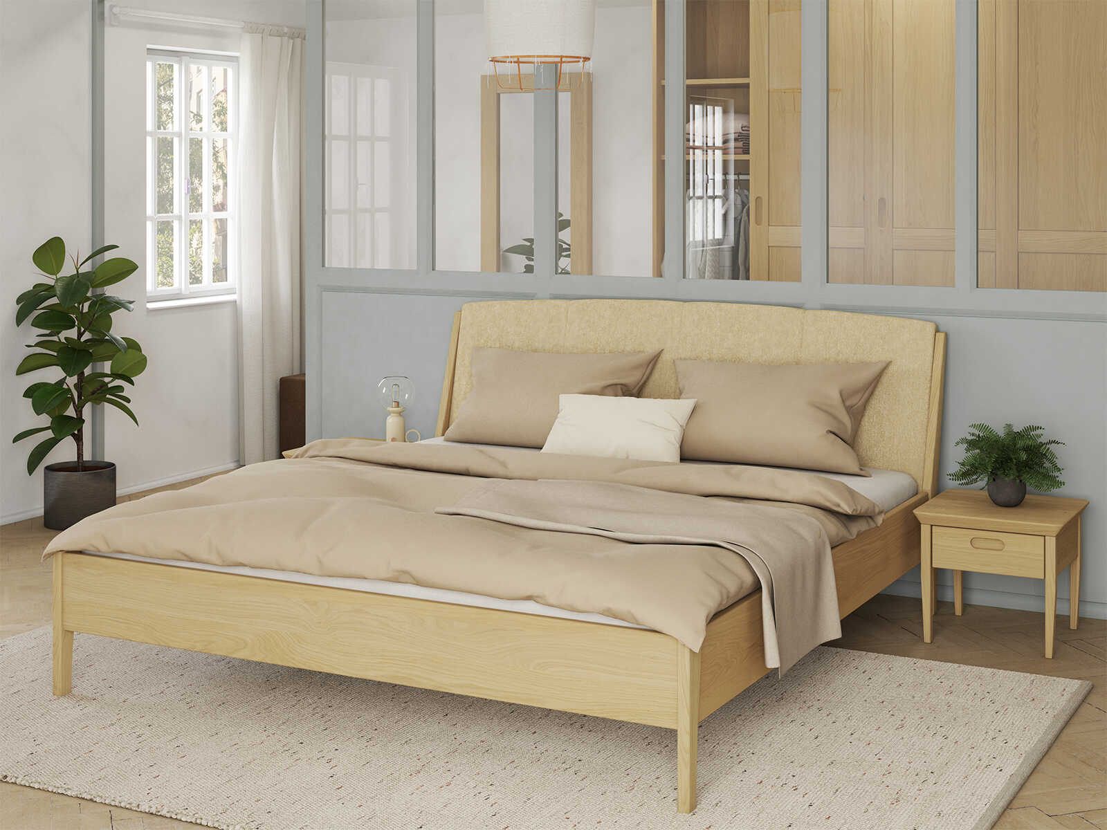 Schlafzimmer mit Eichenbett Hell „Oliver“ in 180 x 200 cm, mit Kopfteil „genäht“ - Stoff: Schafschurwolle „Fischgrät“ in der Farbe Goldhirse