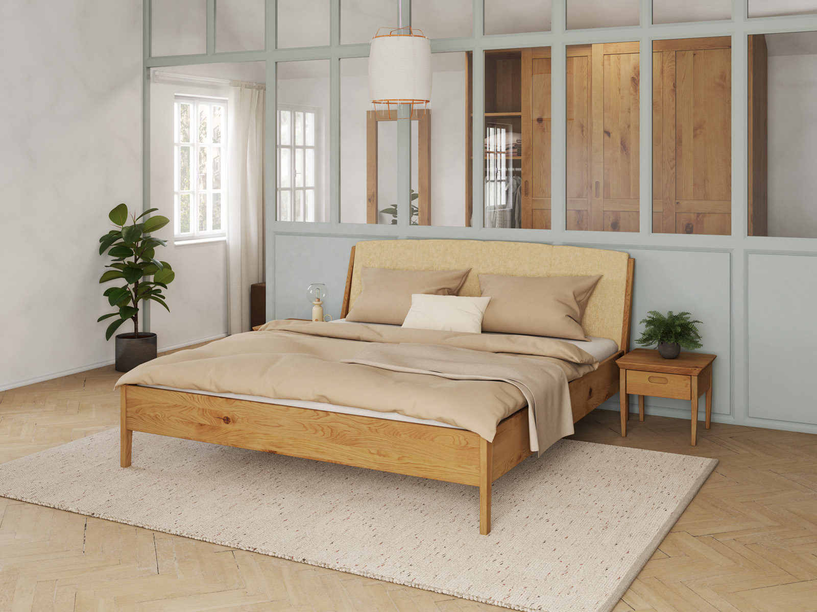Schlafzimmer mit Wildeichenbett „Oliver“ in 180 x 200 cm, mit Kopfteil „genäht“ - Stoff: Schafschurwolle „Fischgrät“ in der Farbe Goldhirse