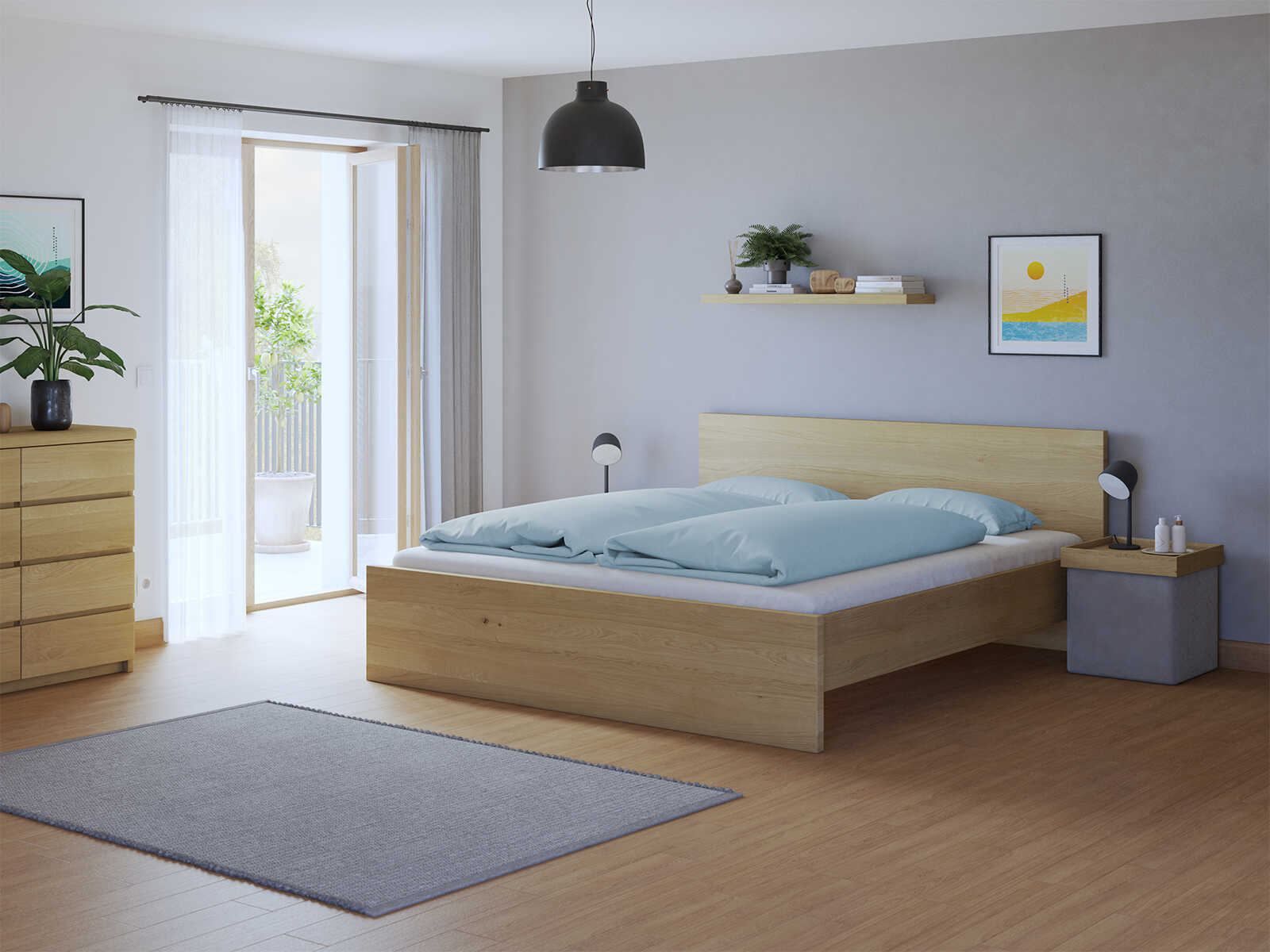 Schlafzimmer mit Bett „Raphaela“ aus Eiche Hell in 180 x 200 cm, ohne erhöhtem Fußteil