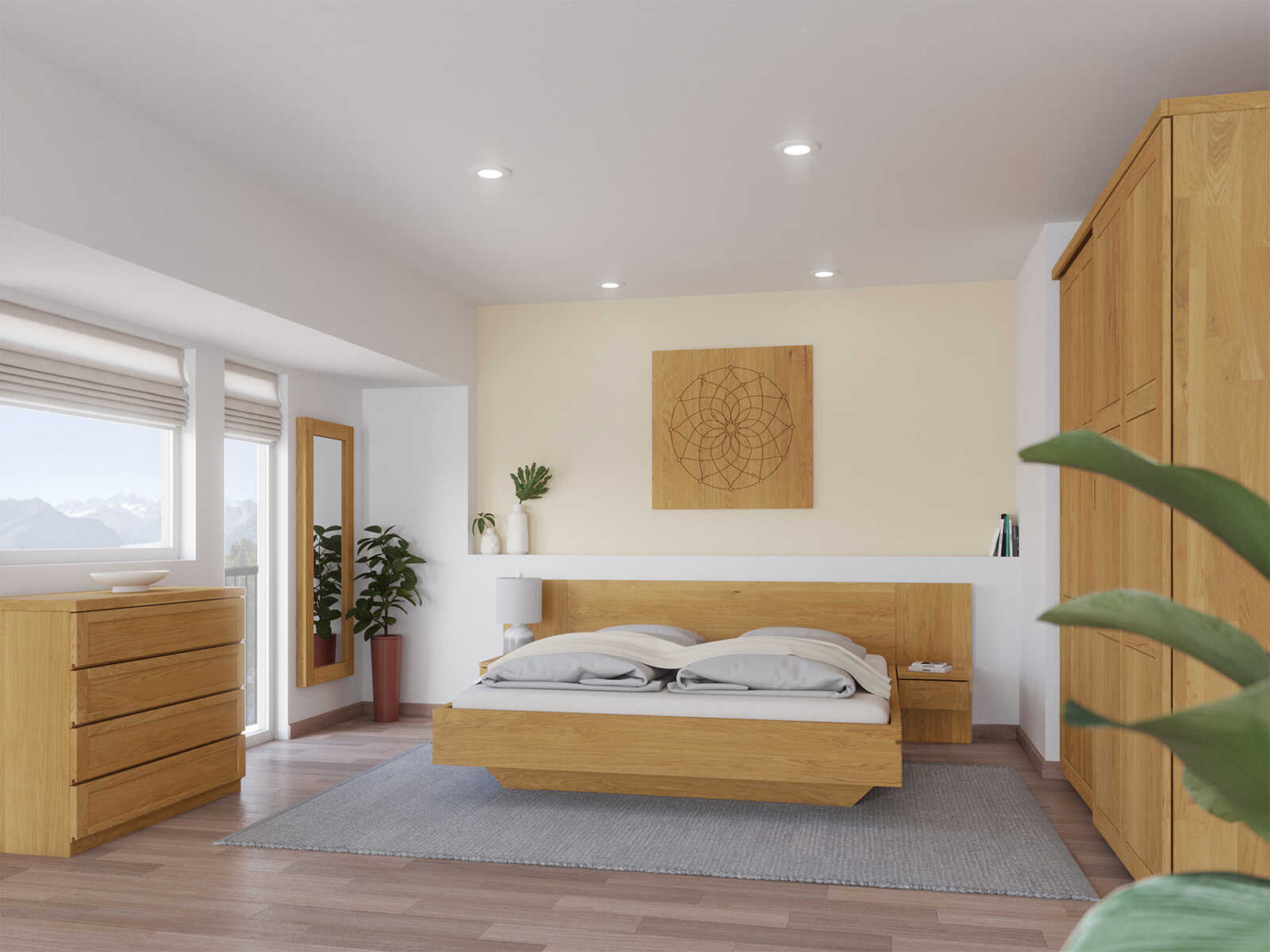 Schlafzimmer mit Bett „Susanne“ aus Eiche in 180 x 200 cm, mit zwei Nachttische