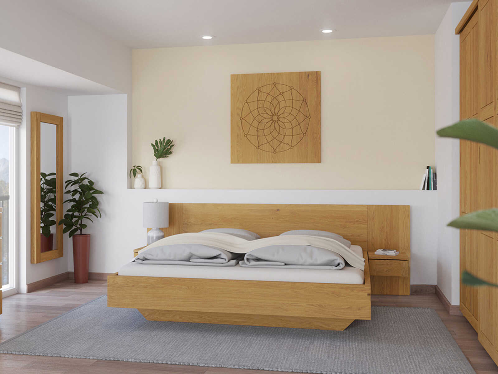 Bett „Susanne“ aus Eiche in 180 x 200 cm, mit zwei Nachttische