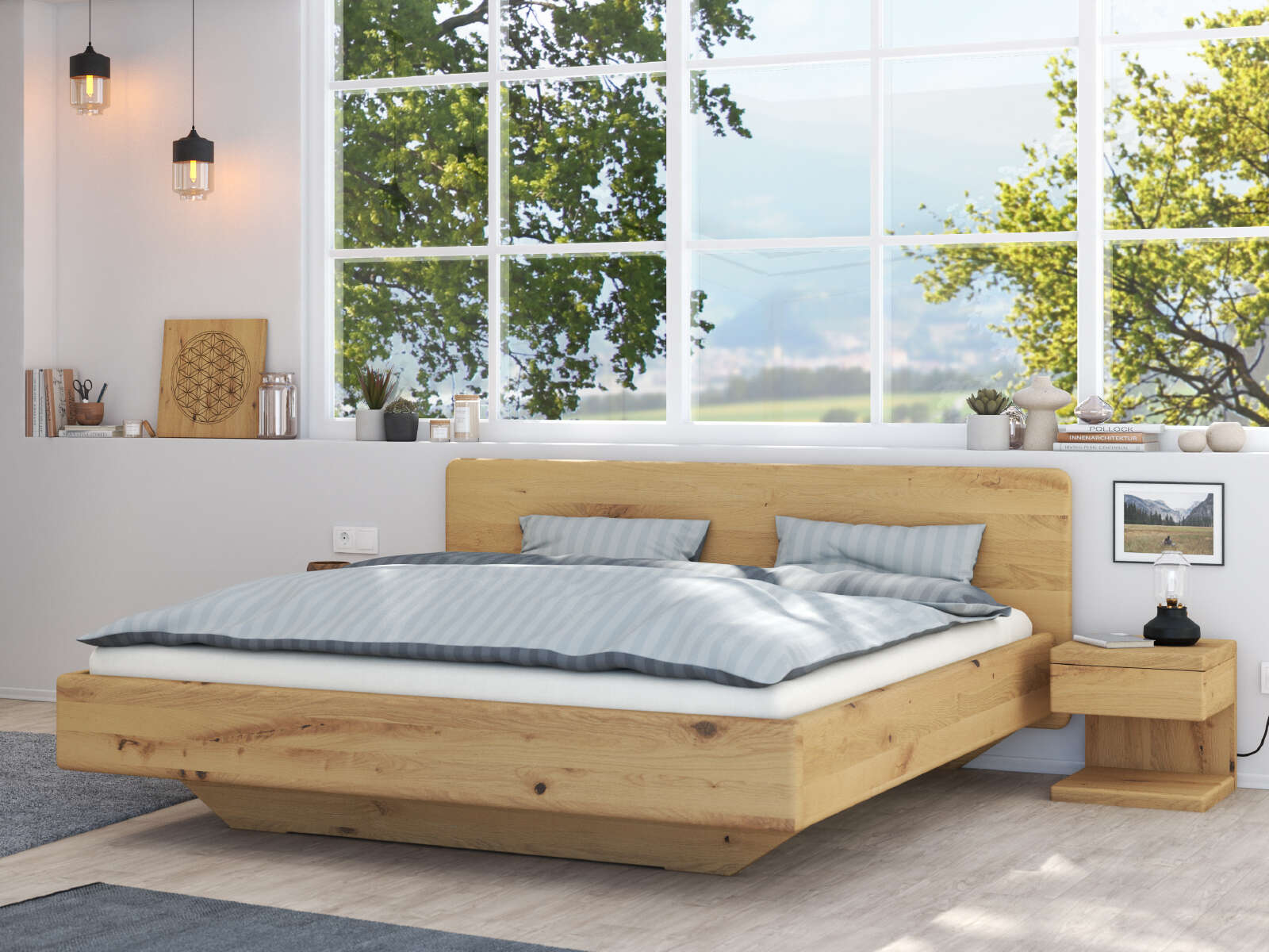 Schlafzimmer mit Nachttisch „Valentina“ aus Wildeiche Hell in Standardhöhe