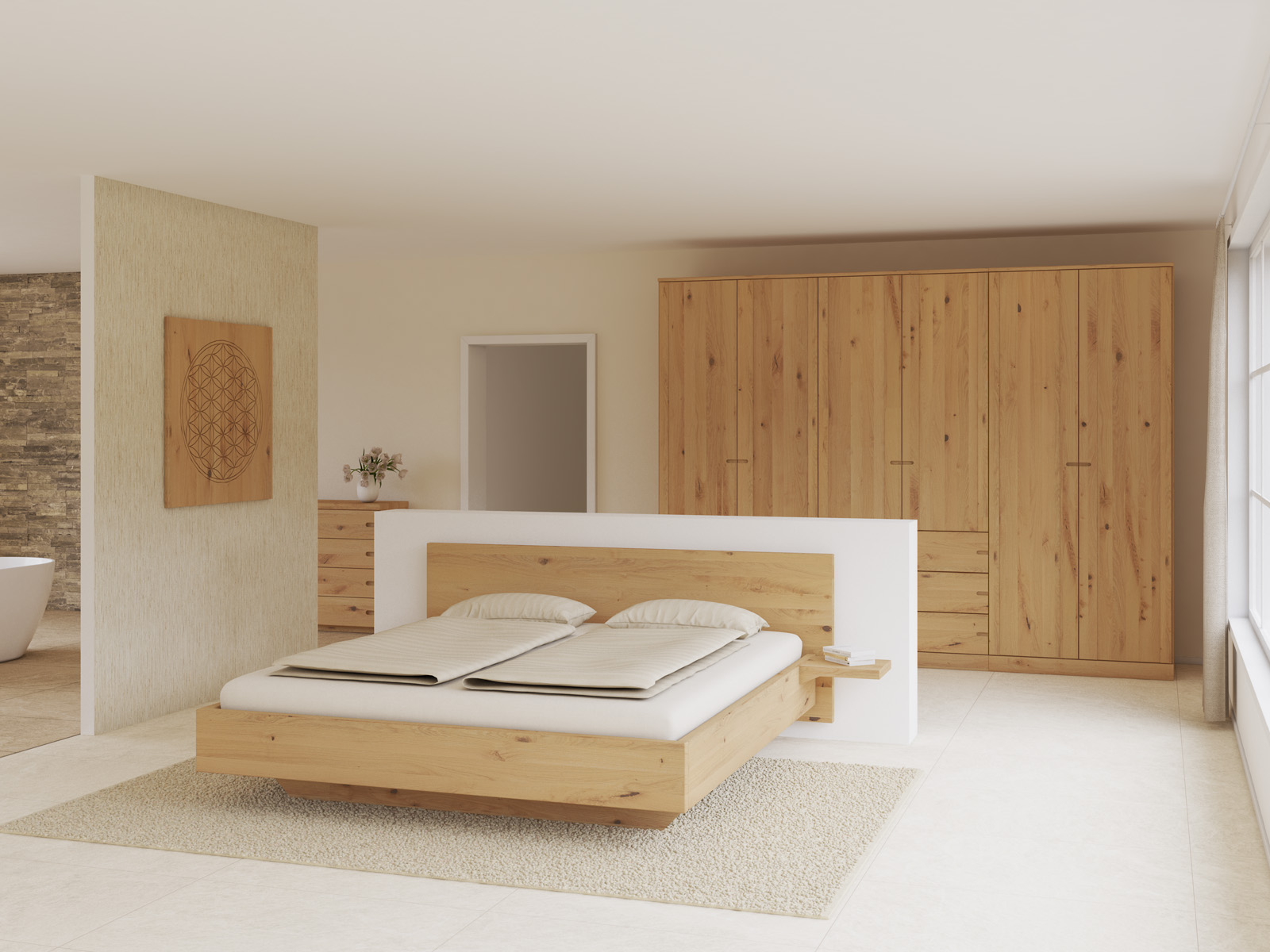Schlafzimmer mit Wildeichenschrank Hell „Arnika“, 6-türig, Höhe 235 cm, Griffausführung „Stefan“