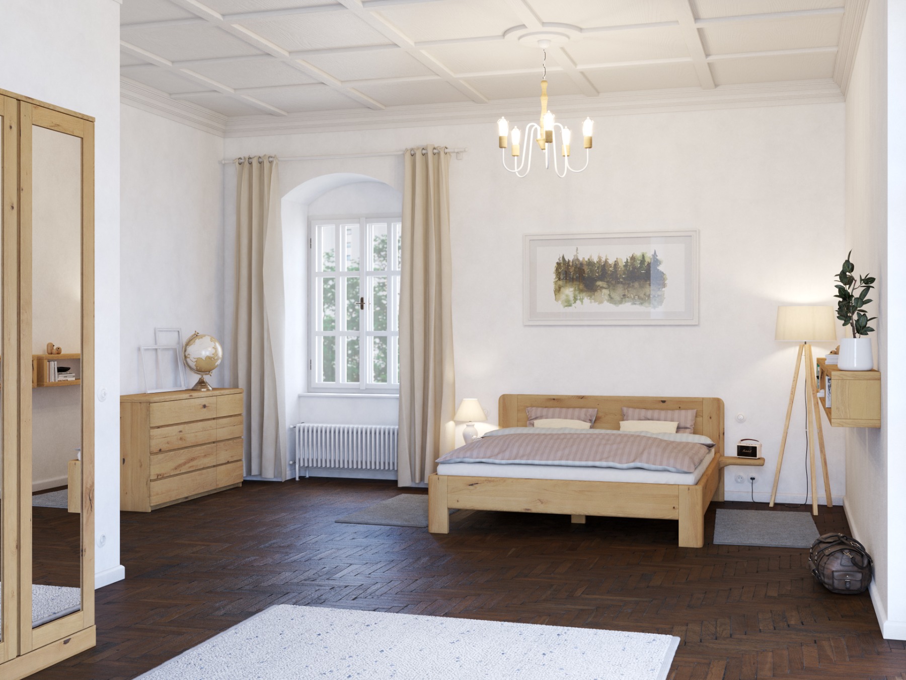 Schlafzimmer mit Wildeichenkommode Hell „Niklas“ 150 cm mit großen Schubladen auf der linken Seite, kleine rechts