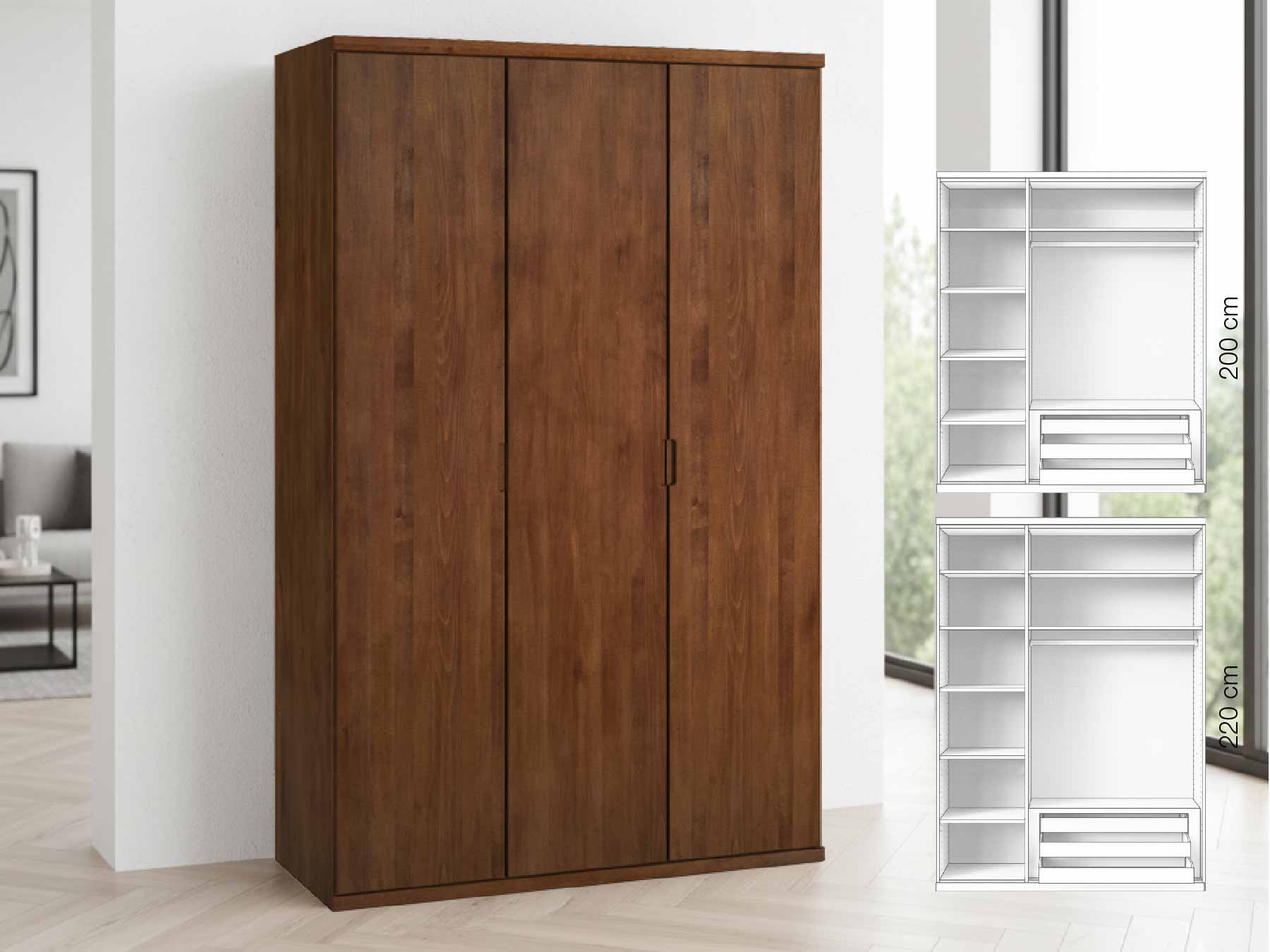 Buchenschrank Dunkel „Romana“, 3-türig, Höhe 220 cm, Griffausführung „Lukas“, Inneneinrichtung: C