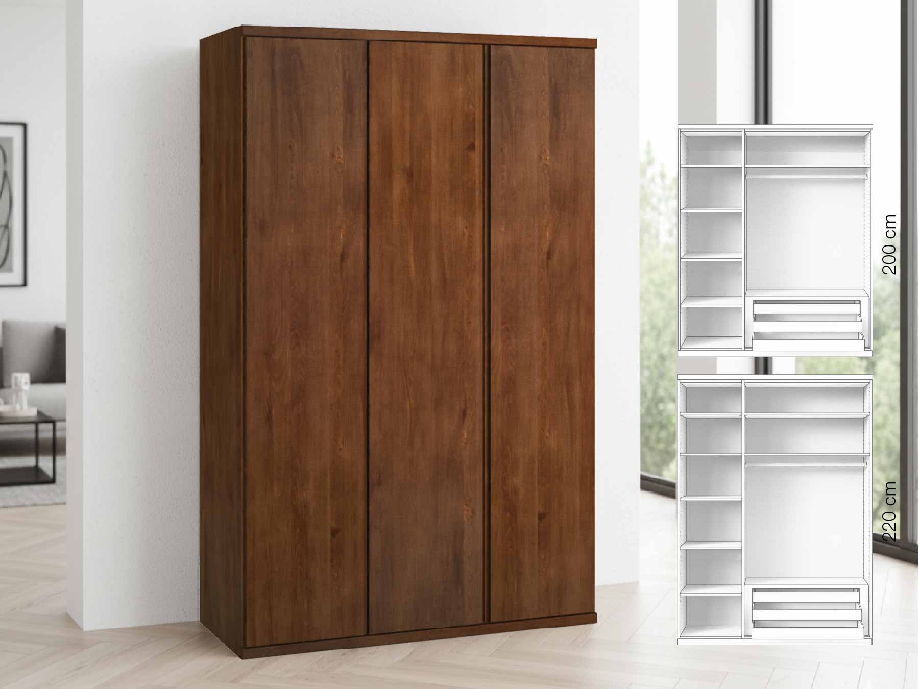 Buchenschrank Dunkel „Romana“, 3-türig, Höhe 220 cm, Griffausführung „Patrizia“, Inneneinrichtung: C