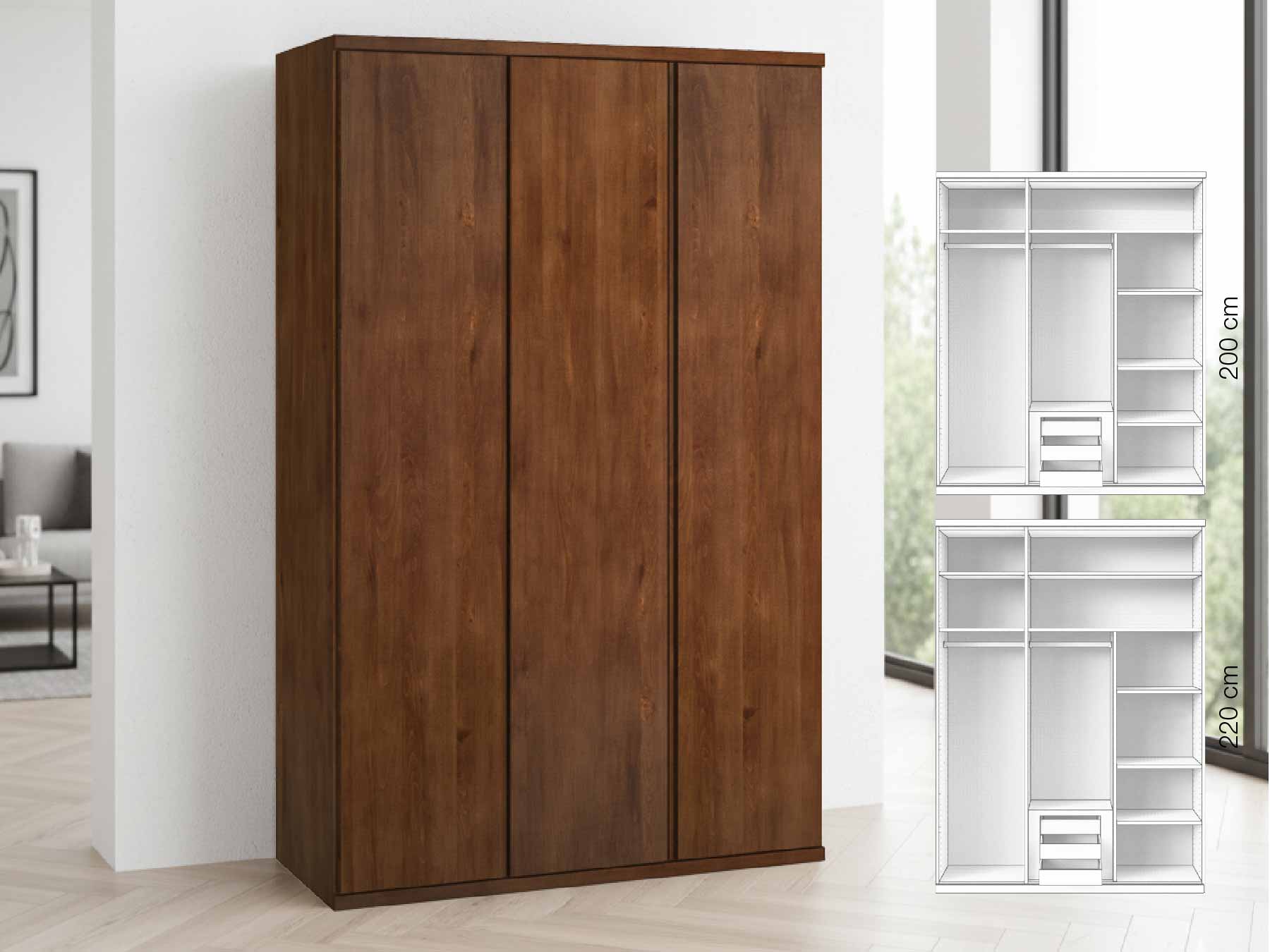 Buchenschrank Dunkel „Romana“, 3-türig, Höhe 220 cm, Griffausführung „Patrizia“, Inneneinrichtung: D