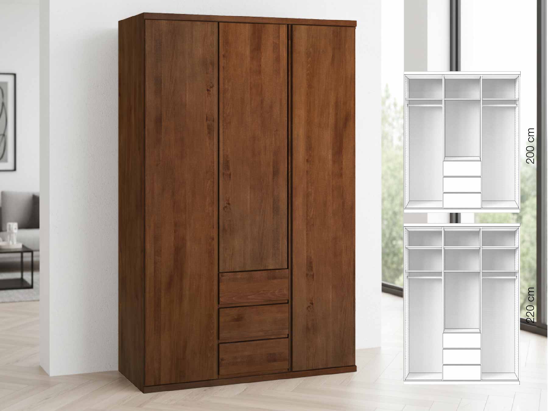 Buchenschrank Dunkel „Romana“, 3-türig, Höhe 220 cm, Griffausführung „Patrizia“, Inneneinrichtung: E