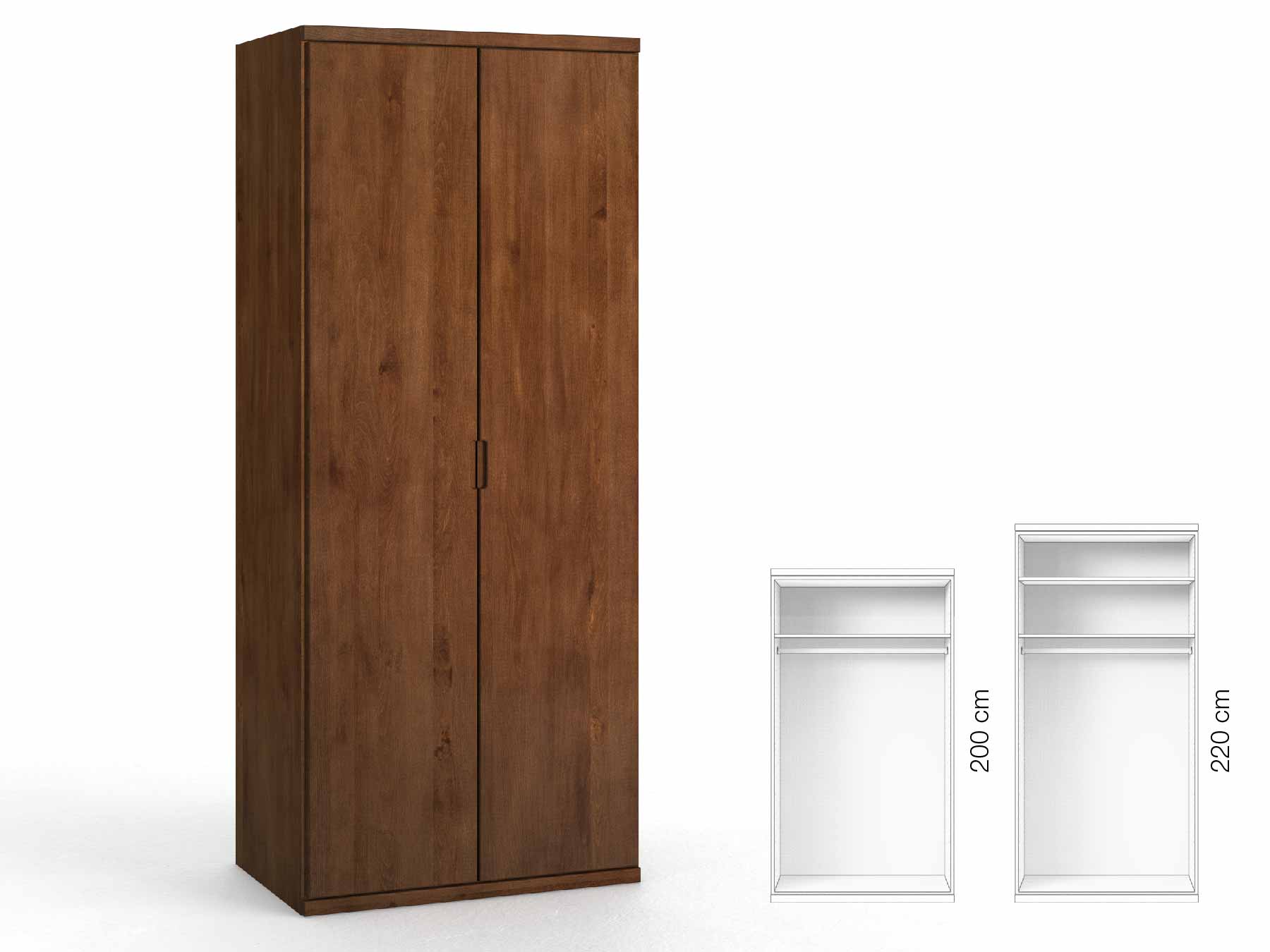 Buchenschrank Dunkel „Romana“, 2-türig, Höhe 220 cm, Griffausführung „Lukas“, Inneneinrichtung: A