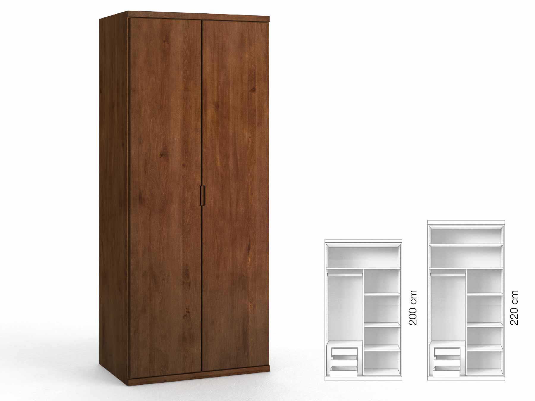 Buchenschrank Dunkel „Romana“, 2-türig, Höhe 220 cm, Griffausführung „Lukas“, Inneneinrichtung: C