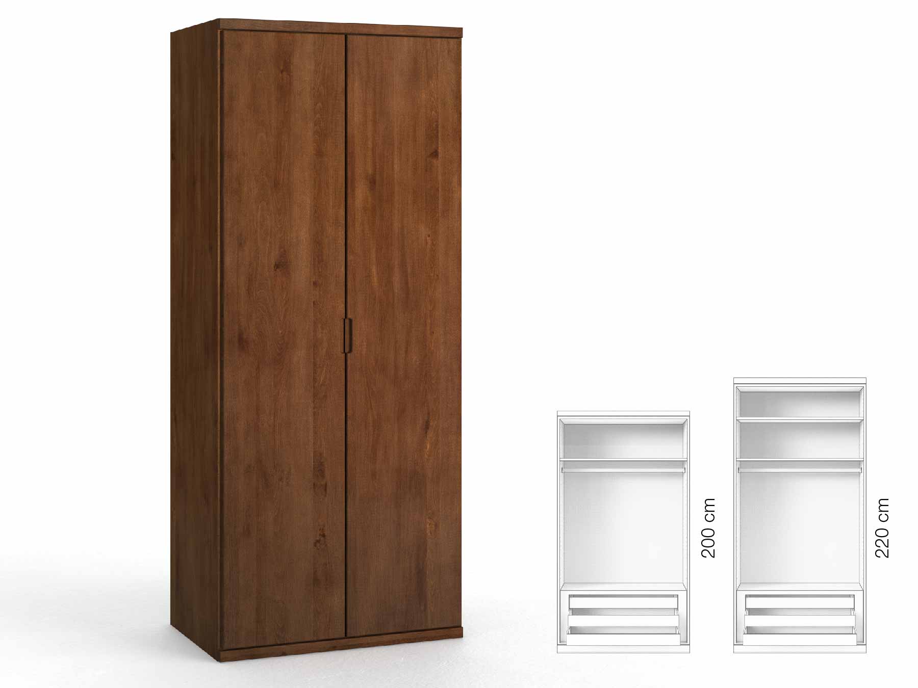 Buchenschrank Dunkel „Romana“, 2-türig, Höhe 220 cm, Griffausführung „Lukas“, Inneneinrichtung: D