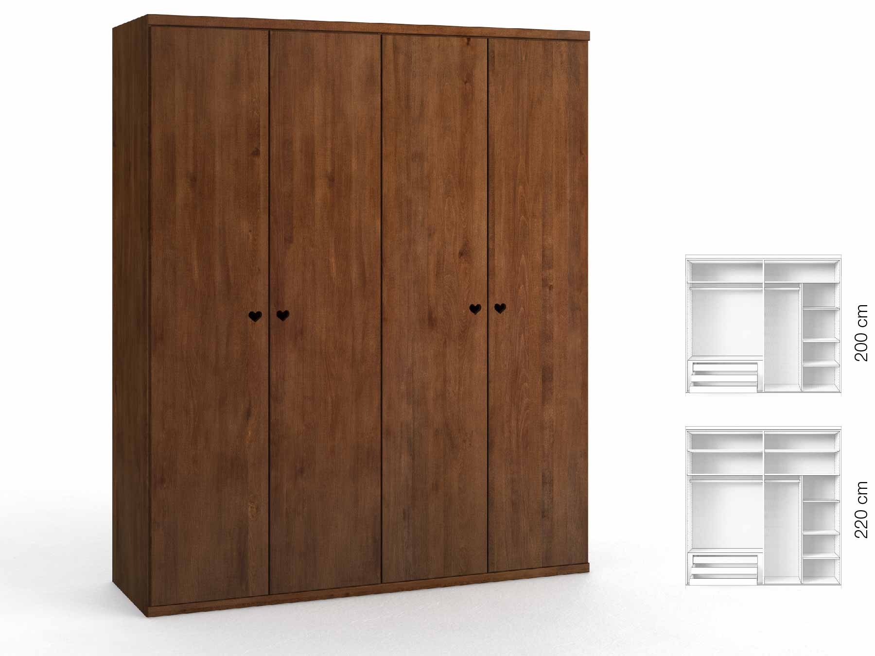 Buchenschrank Dunkel „Romana“, 4-türig, Höhe 220 cm, Griffausführung „Heidi“, Inneneinrichtung: D