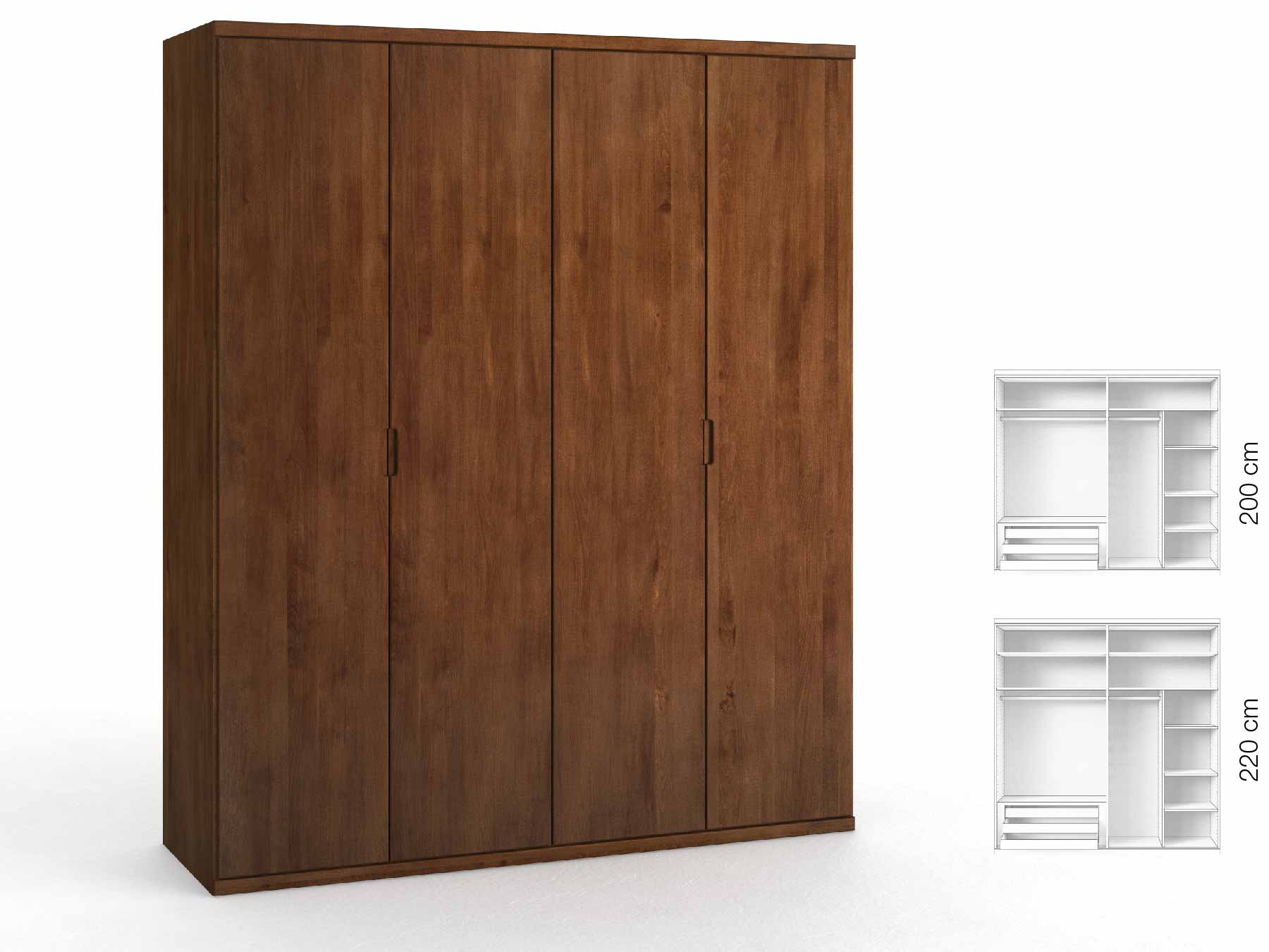 Buchenschrank Dunkel „Romana“, 4-türig, Höhe 220 cm, Griffausführung „Lukas“, Inneneinrichtung: D