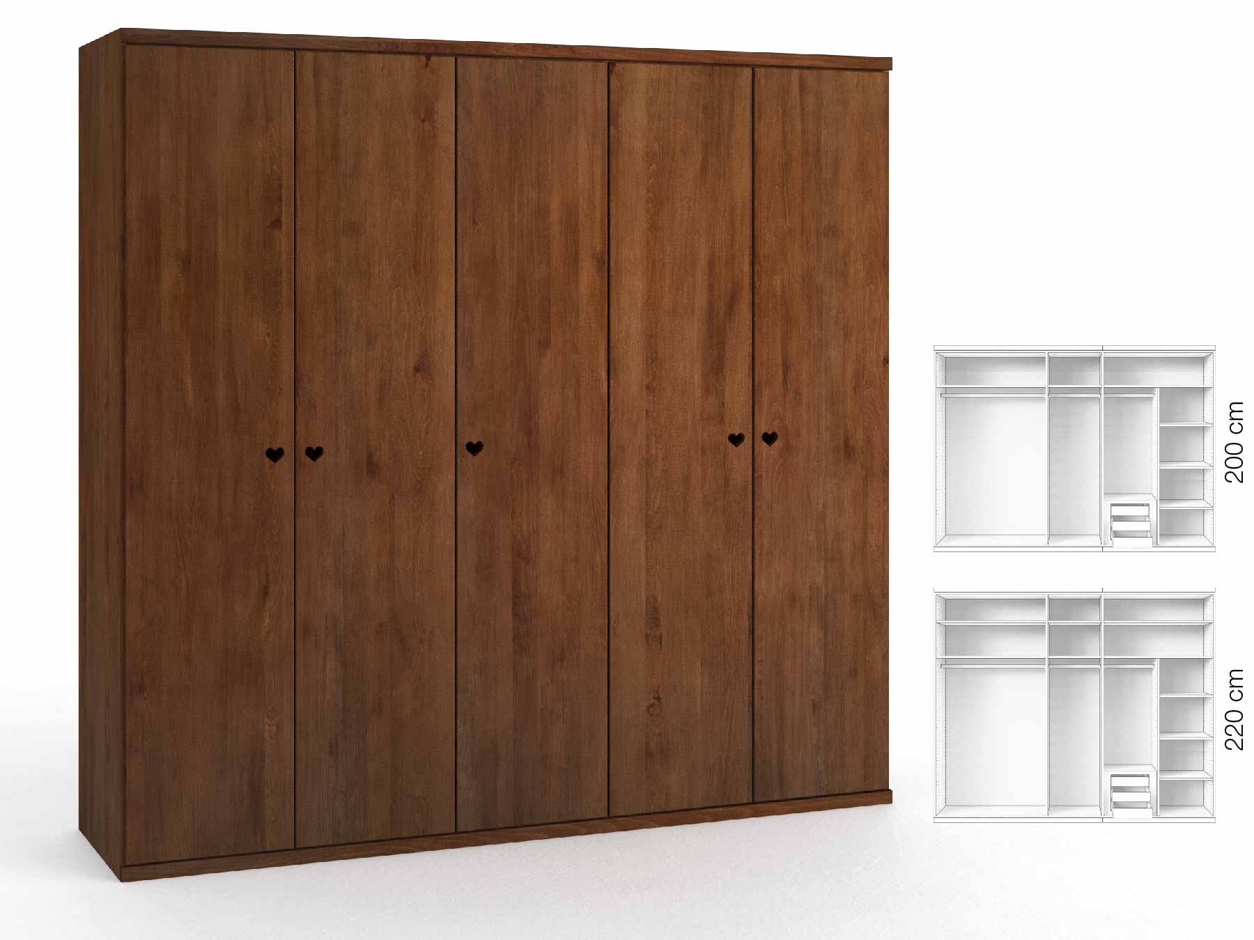 Buchenschrank Dunkel „Romana“, 5-türig, Höhe 220 cm, Griffausführung „Heidi“, Inneneinrichtung: D