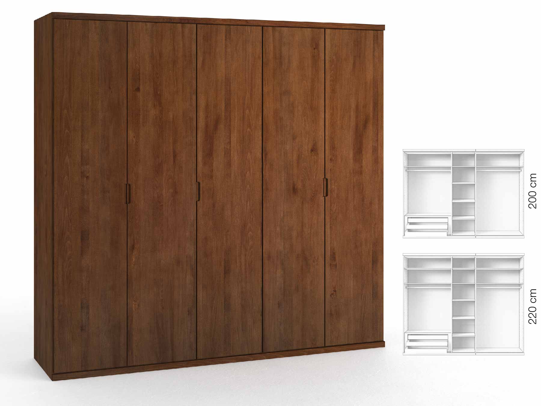 Buchenschrank Dunkel „Romana“, 5-türig, Höhe 220 cm, Griffausführung „Lukas“, Inneneinrichtung: C