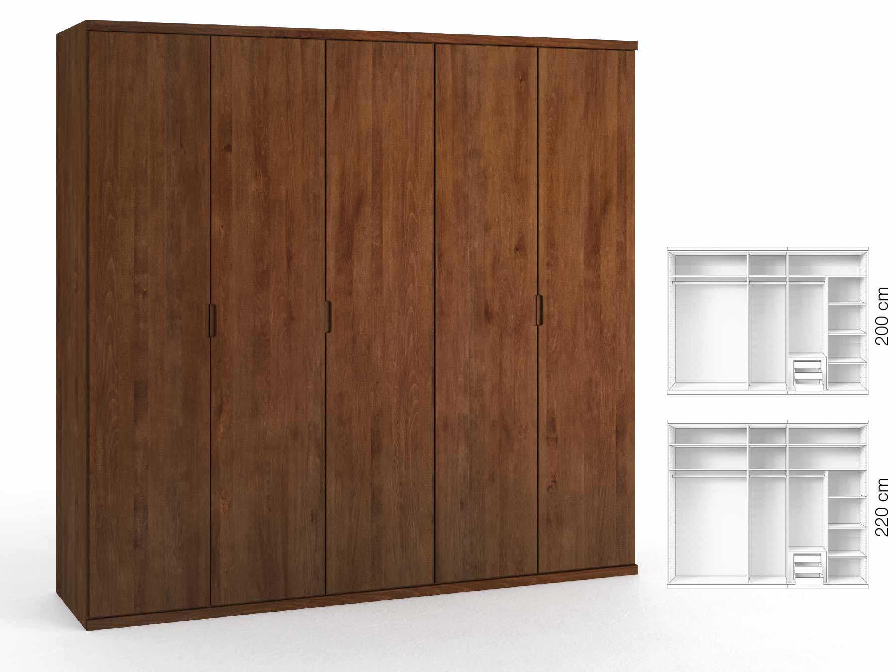 Buchenschrank Dunkel „Romana“, 5-türig, Höhe 220 cm, Griffausführung „Lukas“, Inneneinrichtung: D