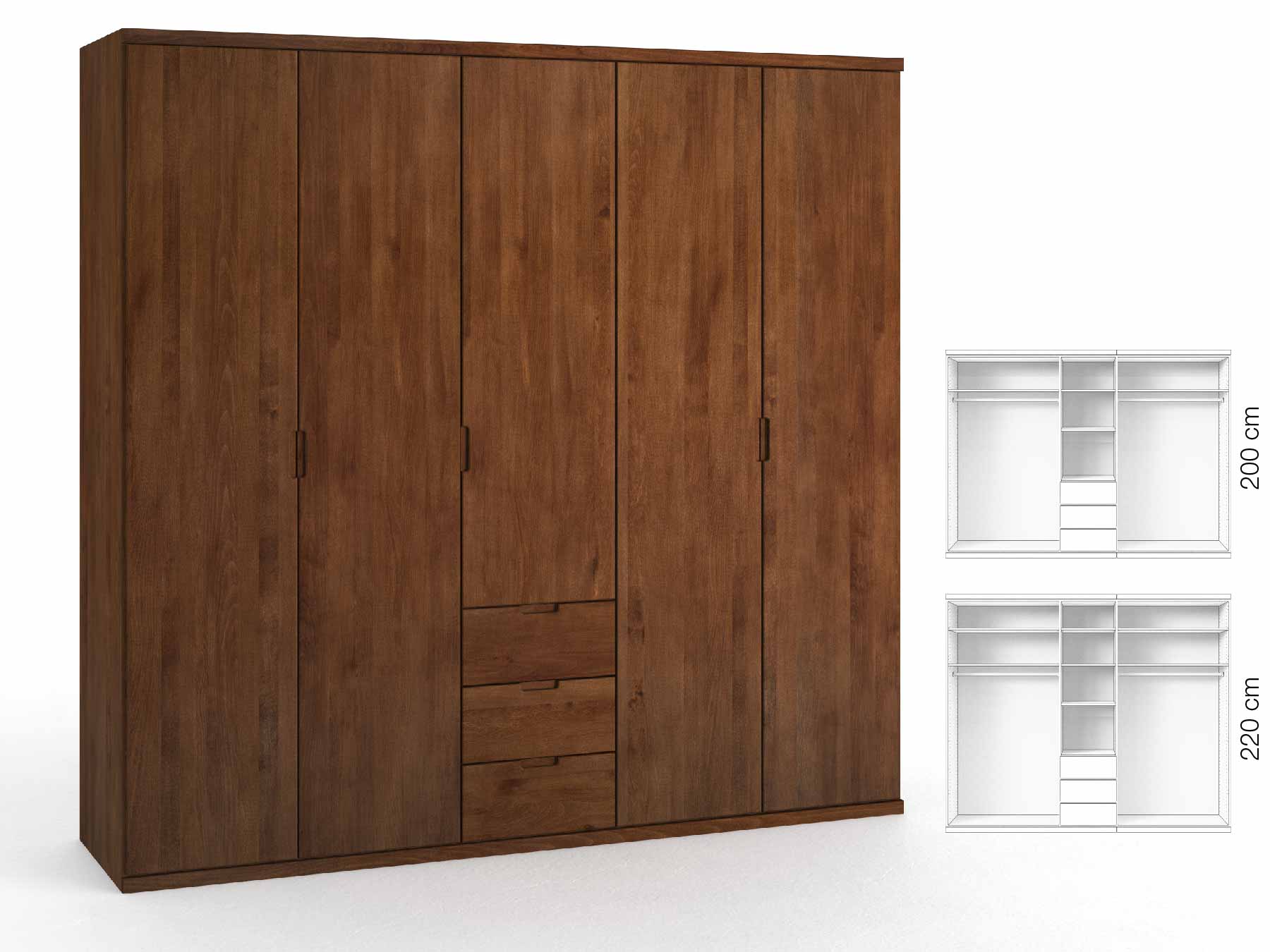 Buchenschrank Dunkel „Romana“, 5-türig, Höhe 220 cm, Griffausführung „Lukas“, Inneneinrichtung: E