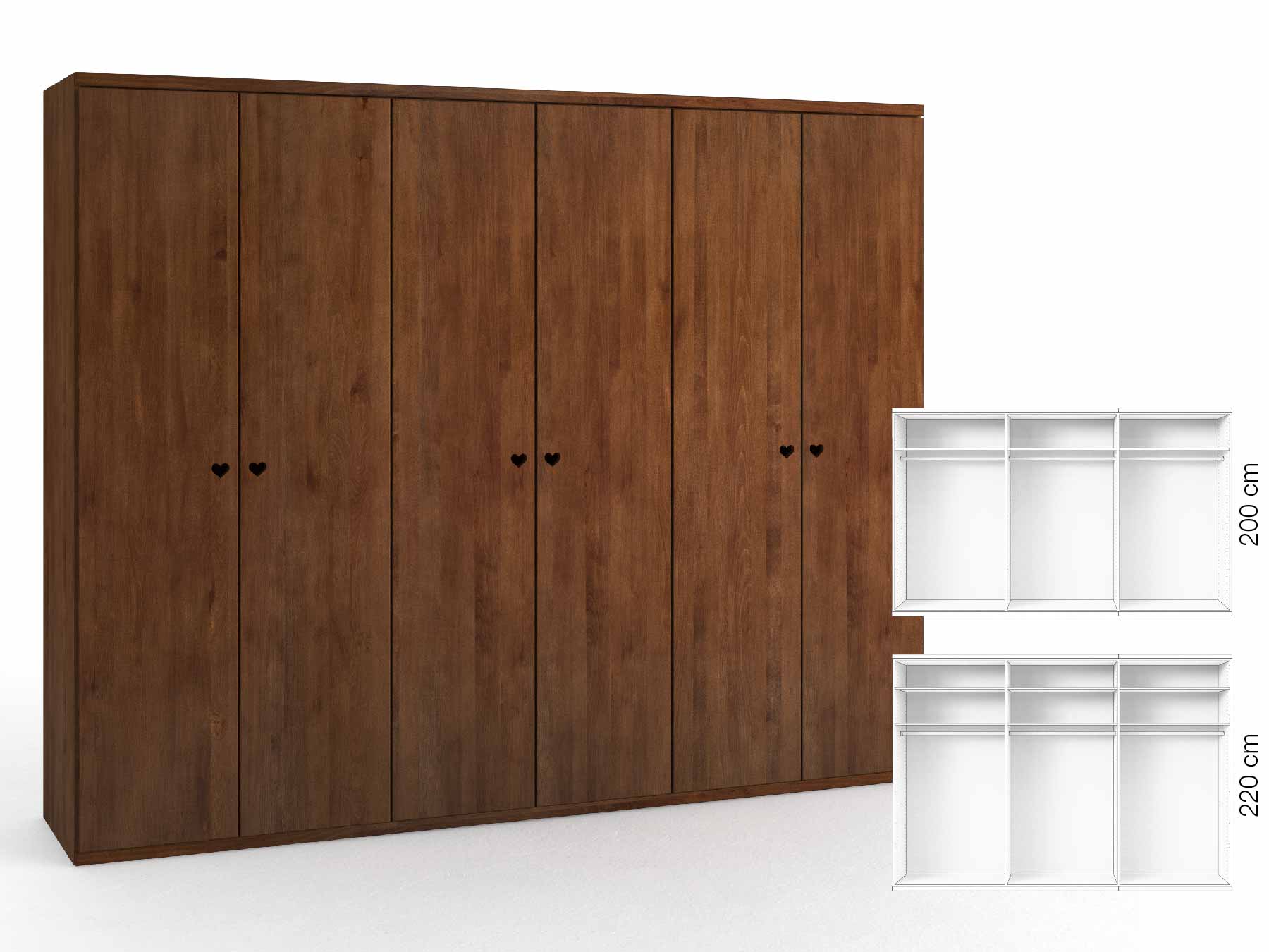 Buchenschrank „Romana“, 6-türig, Höhe 220 cm, Griffausführung „Heidi“, Inneneinrichtung: A