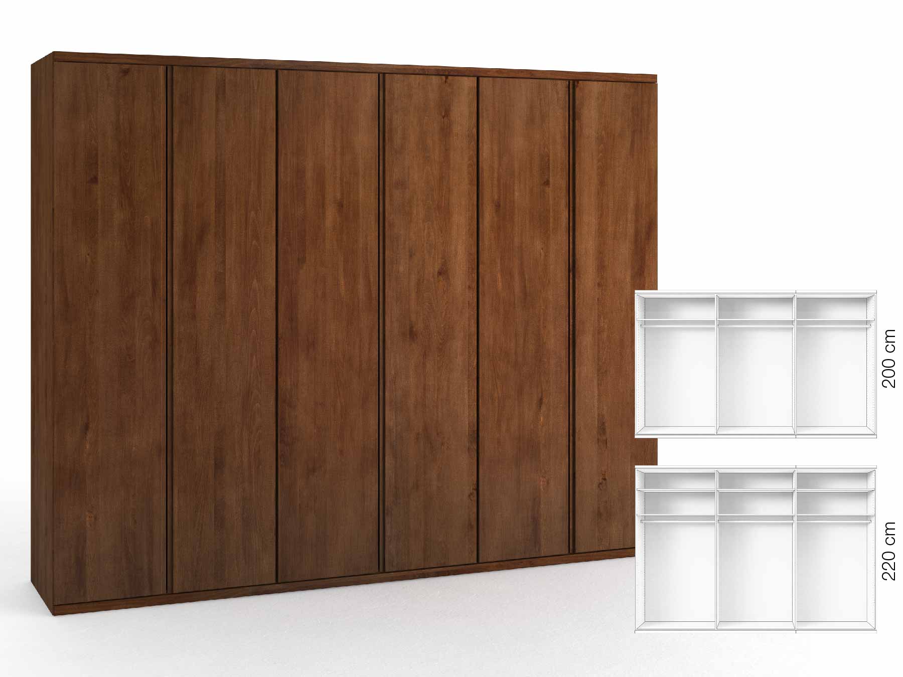 Buchenschrank Dunkel „Romana“, 6-türig, Höhe 220 cm, Griffausführung „Patrizia“, Inneneinrichtung: A