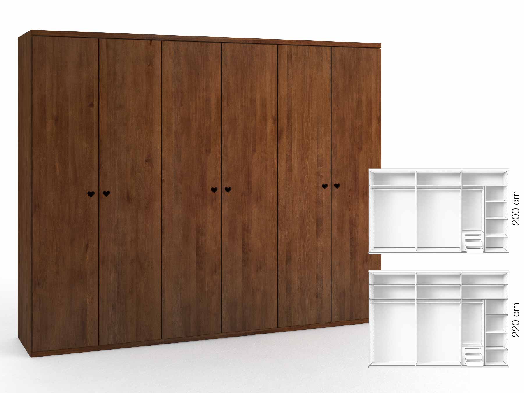 Buchenschrank „Romana“, 6-türig, Höhe 220 cm, Griffausführung „Heidi“, Inneneinrichtung: C