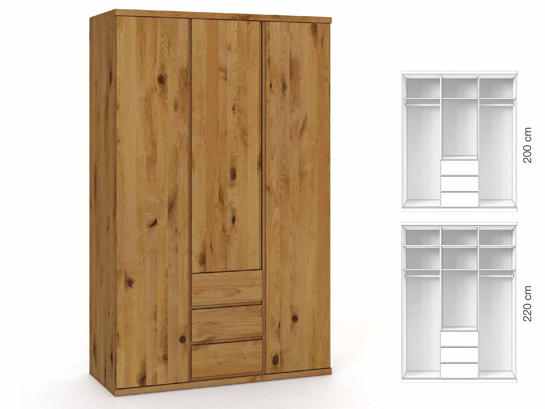 Wildeichenschrank „Romana“, 3-türig, Höhe 220 cm, Griffausführung „Patrizia“, Inneneinrichtung: E