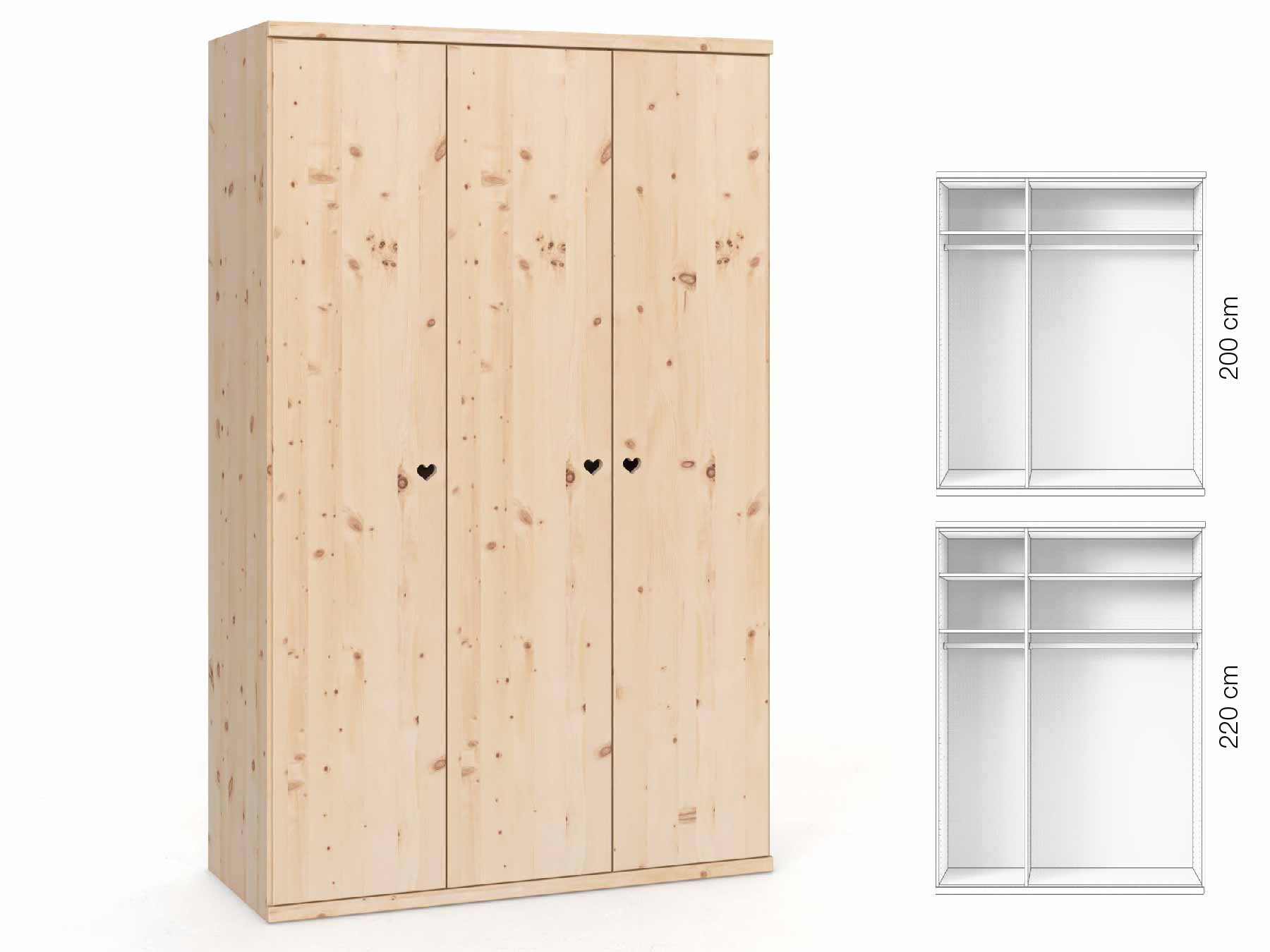 Zirbenschrank „Romana“, 3-türig, Höhe 220 cm, Griffausführung „Heidi“, Inneneinrichtung: A