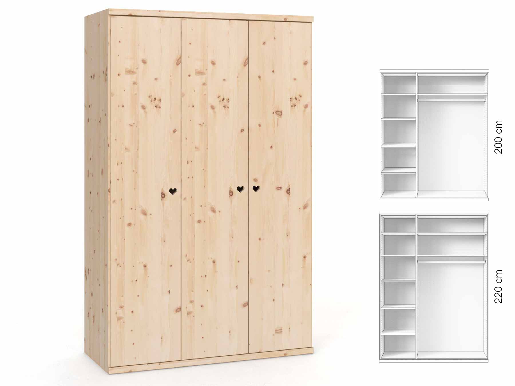 Zirbenschrank „Romana“, 3-türig, Höhe 220 cm, Griffausführung „Heidi“, Inneneinrichtung: B