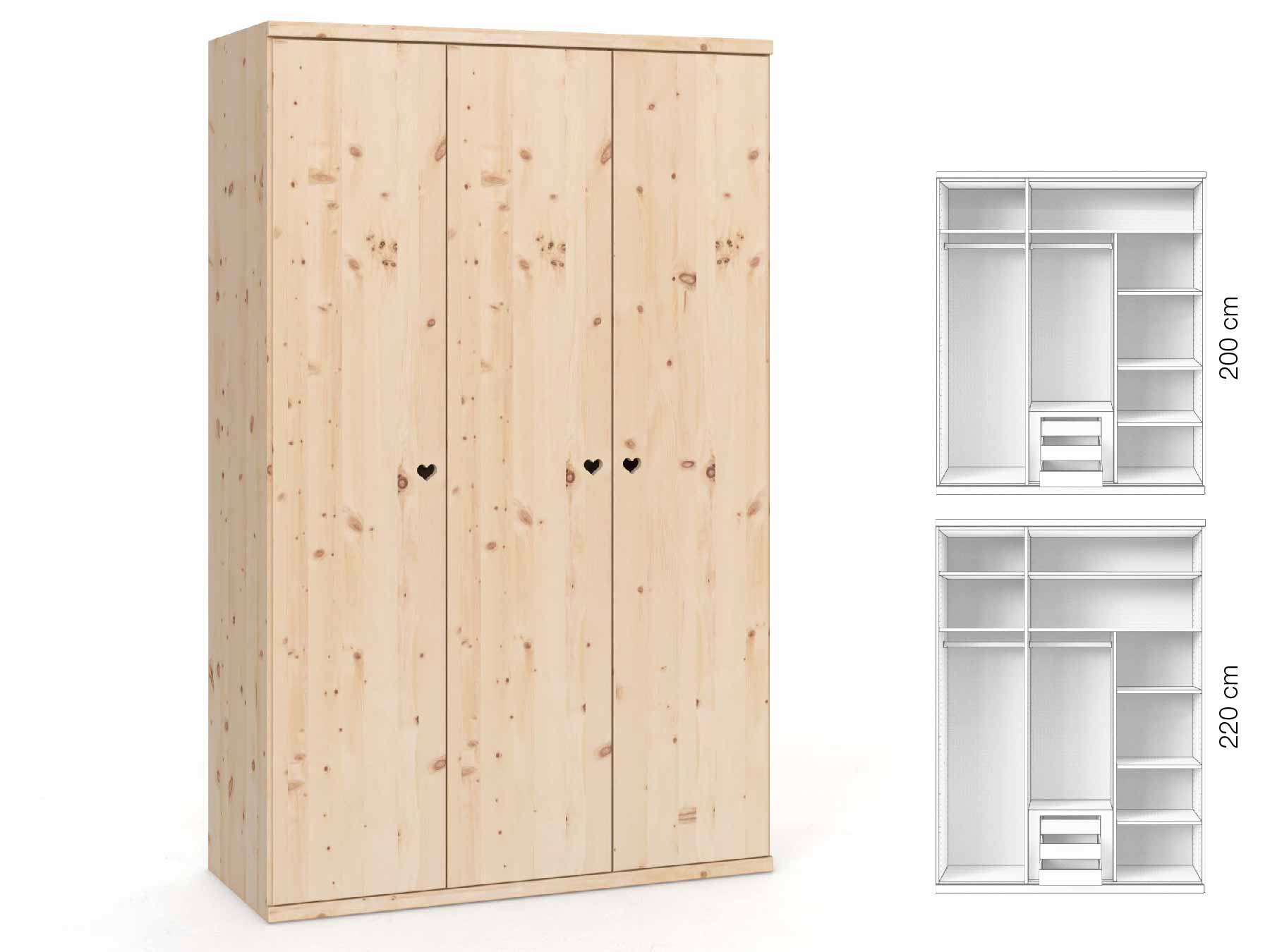 Zirbenschrank „Romana“, 3-türig, Höhe 220 cm, Griffausführung „Heidi“, Inneneinrichtung: D